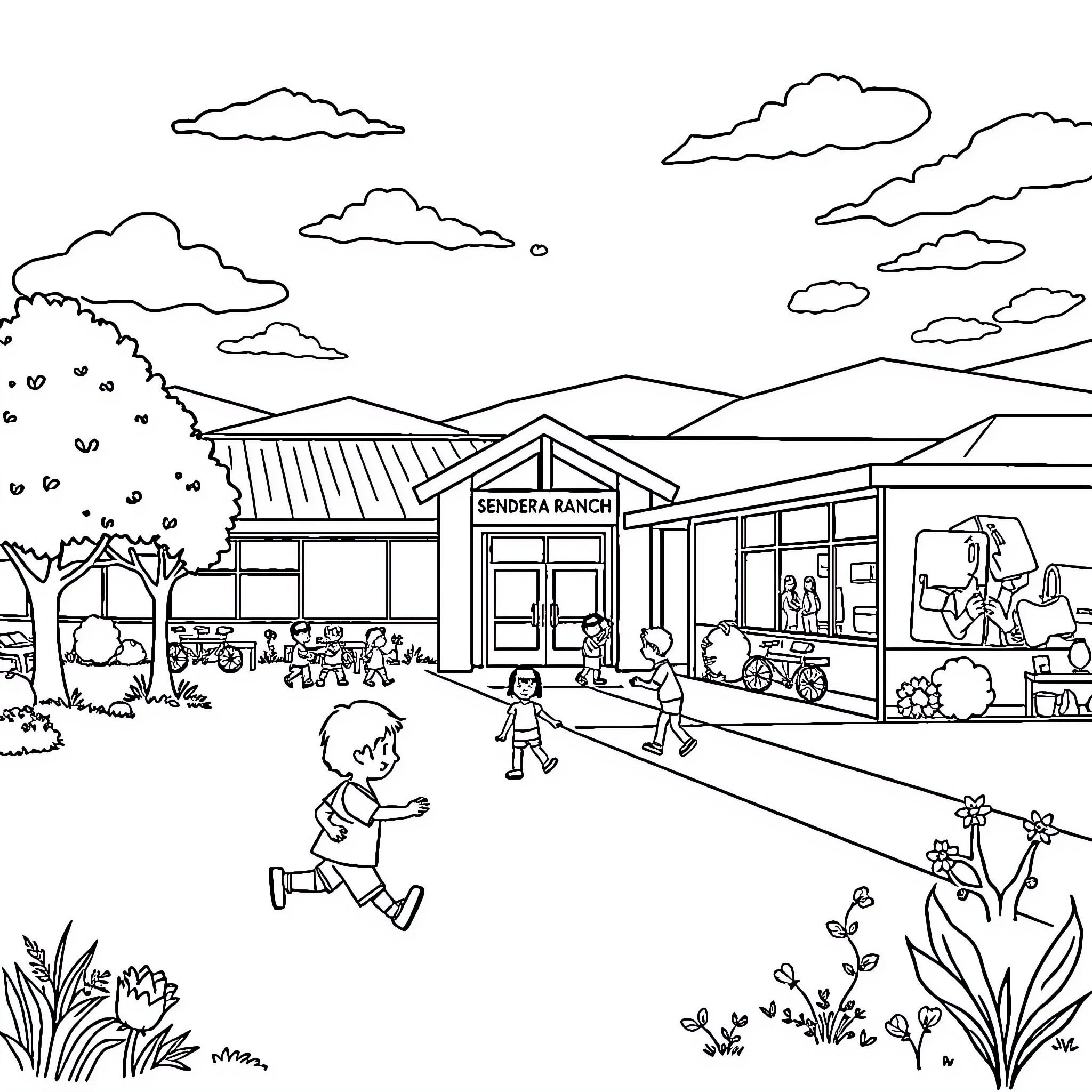School children exploring outdoor educational ranch Coloring Page (free black-and-white line drawing printable PDF for all, from beginners to advanced learners, including children, teens, adults, and seniors)