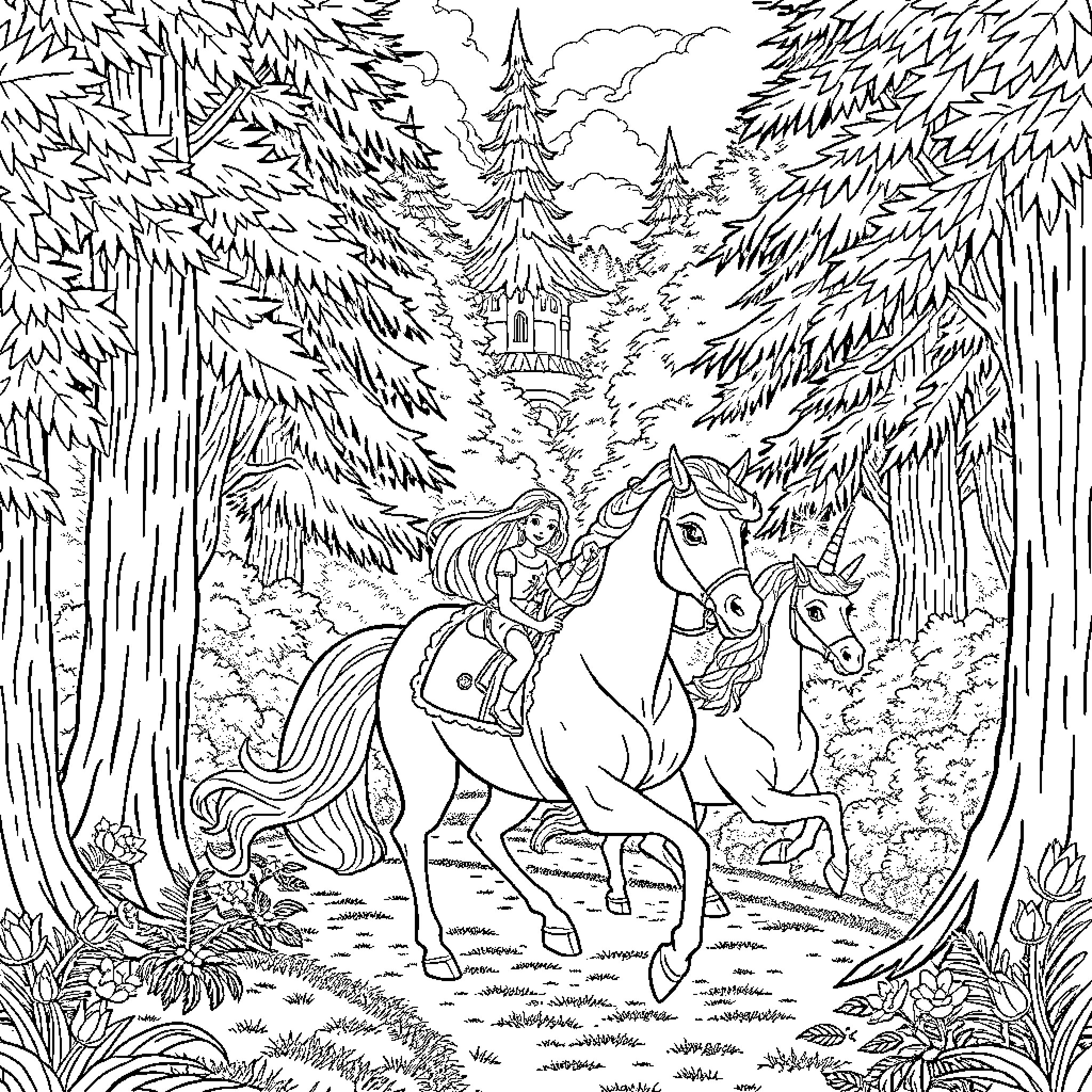 Rapunzel riding through the enchanted forest Coloring Page (free black-and-white line drawing printable PDF for all, from beginners to advanced learners, including children, teens, adults, and seniors)