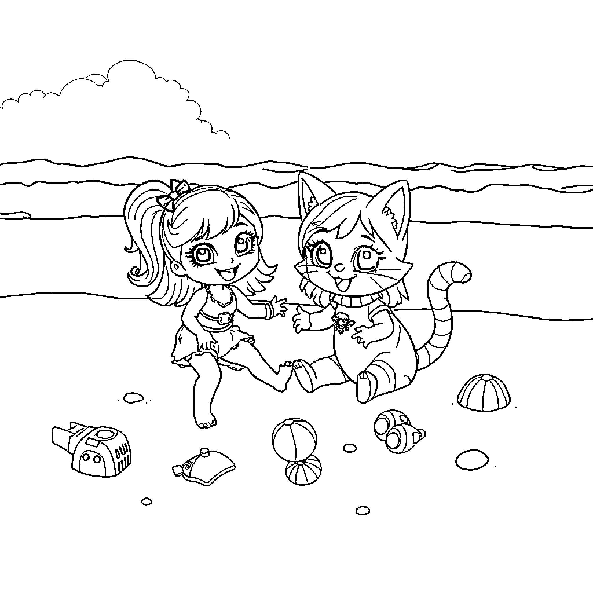 Gabby's Fun Day at the Beach with Pet Coloring Page (free black-and-white line drawing printable PDF for all, from beginners to advanced learners, including children, teens, adults, and seniors)