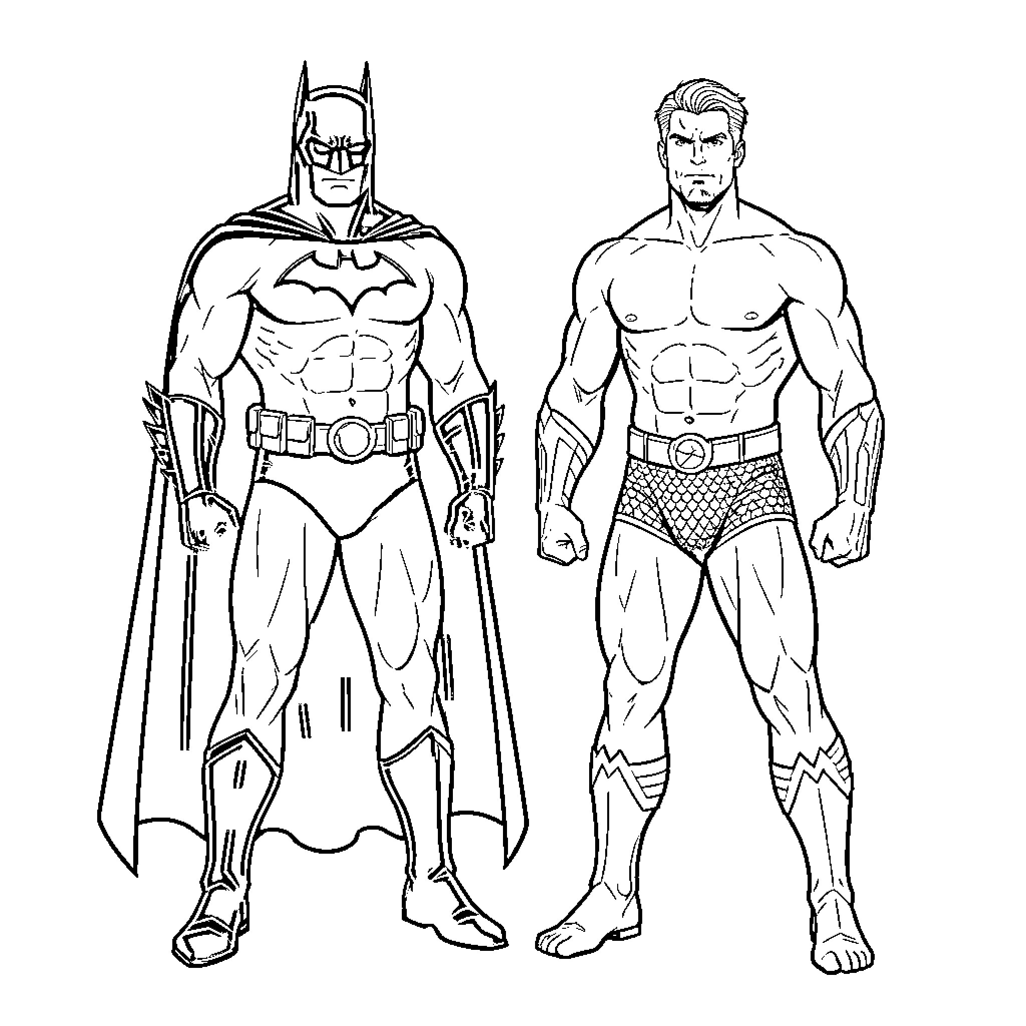 Batman and muscular hero standing together Coloring Page (free black-and-white line drawing printable PDF for all, from beginners to advanced learners, including children, teens, adults, and seniors)