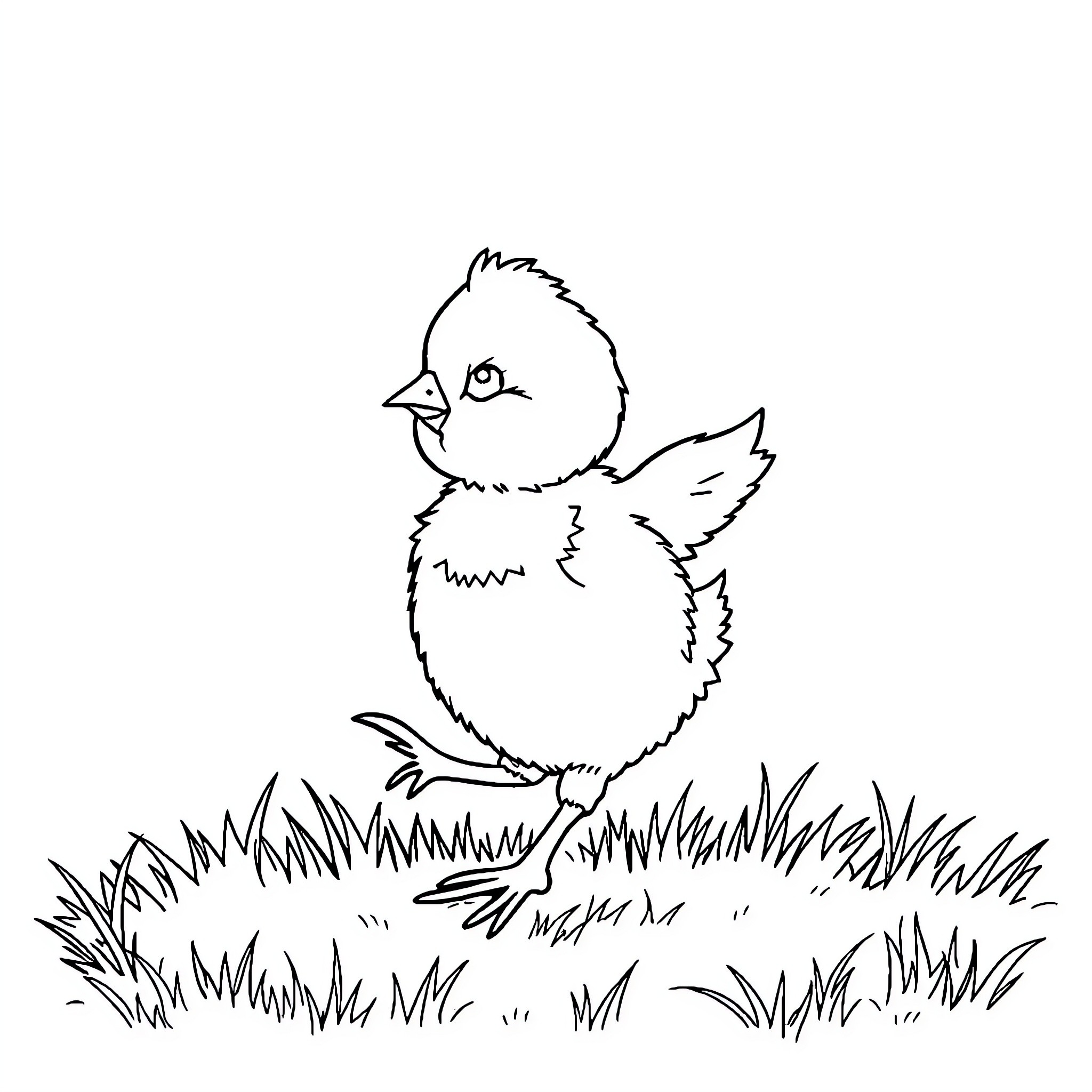 Chick exploring the grassy field Coloring Page (free black-and-white line drawing printable PDF for all, from beginners to advanced learners, including children, teens, adults, and seniors)