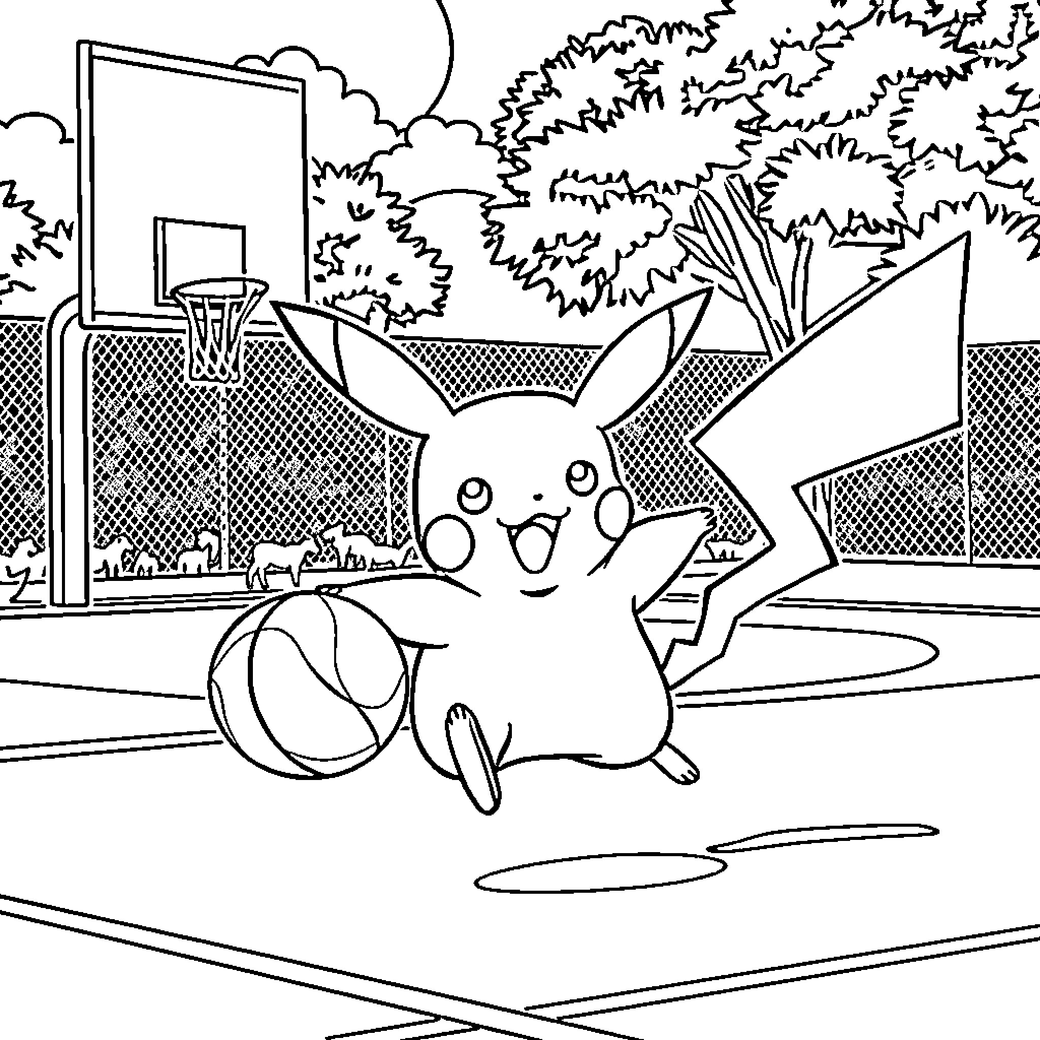Pikachu playing happily on a basketball court Coloring Page (free black-and-white line drawing printable PDF for all, from beginners to advanced learners, including children, teens, adults, and seniors)