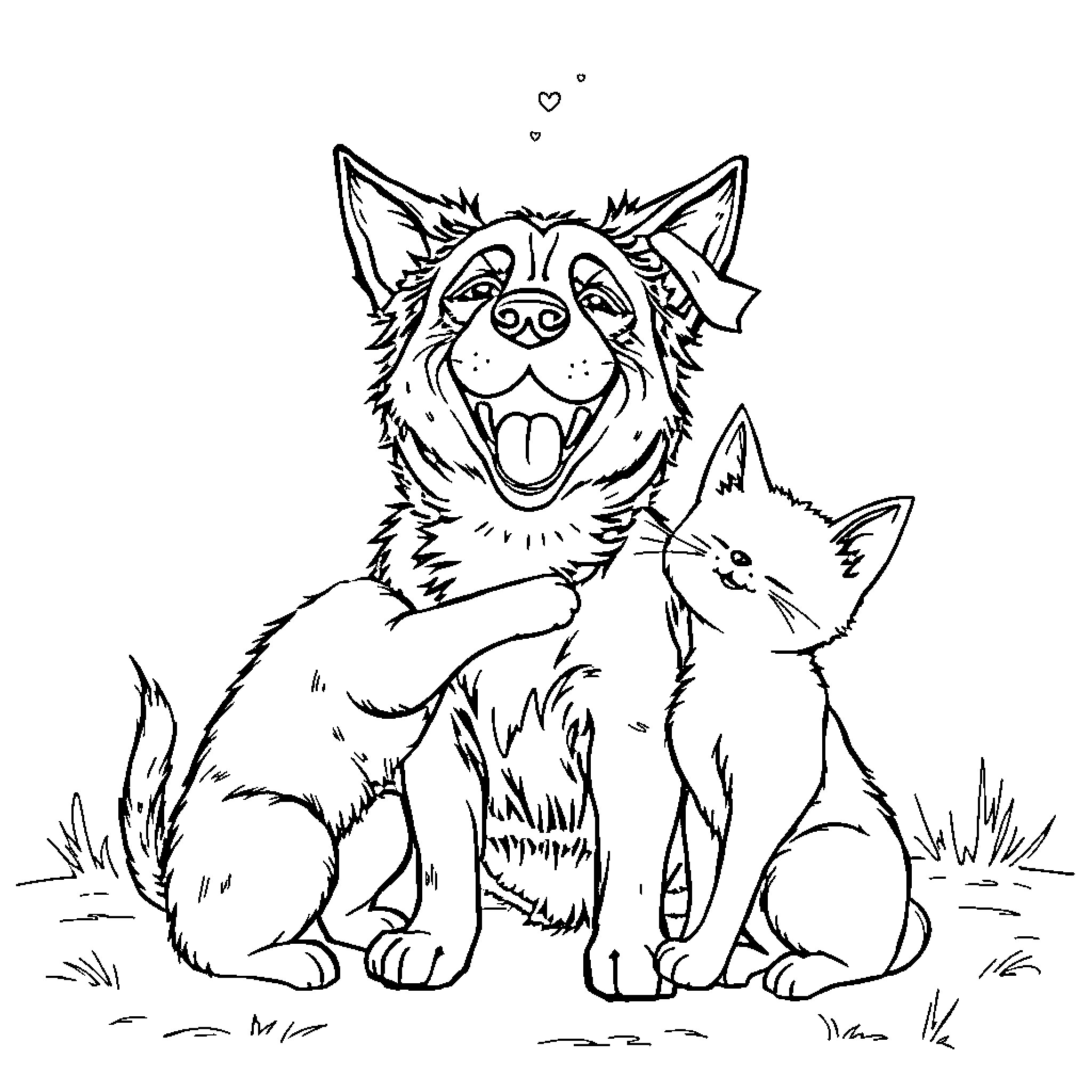 Dog and kittens playing happily in the grass Coloring Page (free black-and-white line drawing printable PDF for all, from beginners to advanced learners, including children, teens, adults, and seniors)