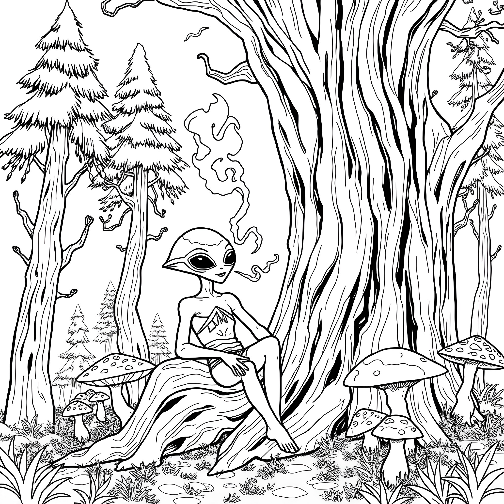 Alien relaxing in the mystical forest Coloring Page (free black-and-white line drawing printable PDF for all, from beginners to advanced learners, including children, teens, adults, and seniors)