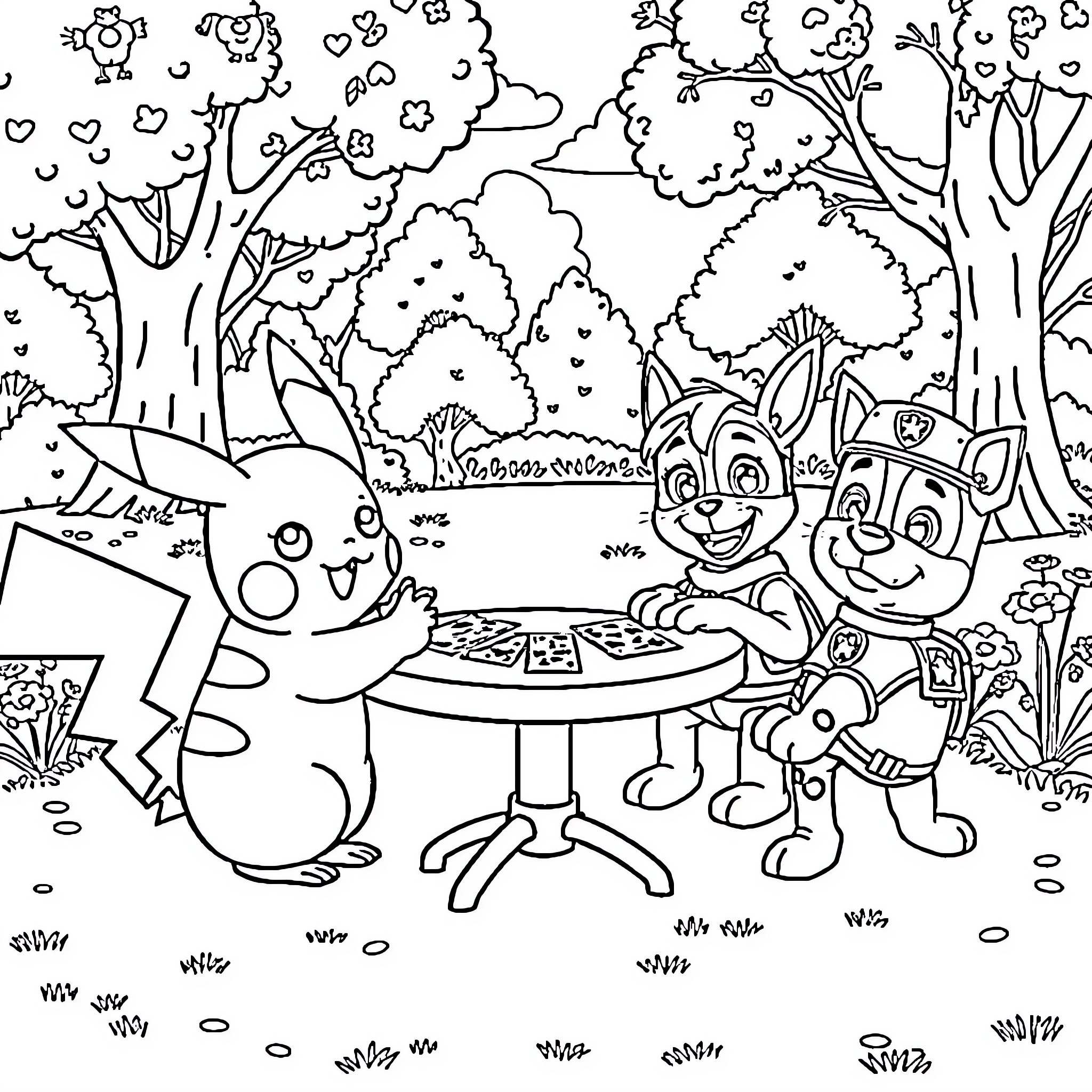 Pikachu and Friends Enjoying a Picnic in the Park Coloring Page (free black-and-white line drawing printable PDF for all, from beginners to advanced learners, including children, teens, adults, and seniors)