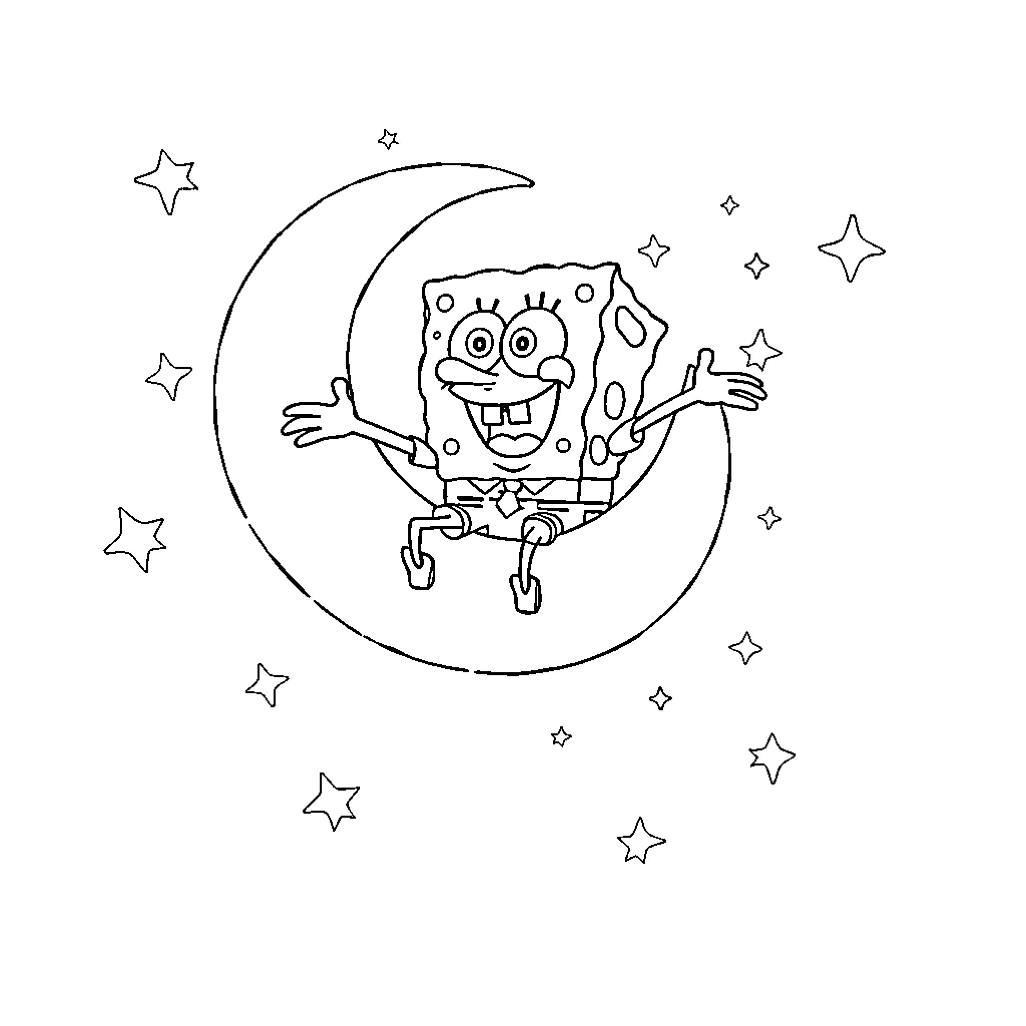 Spongebob sitting on a crescent moon surrounded by stars Coloring Page (free black-and-white line drawing printable PDF for all, from beginners to advanced learners, including children, teens, adults, and seniors)