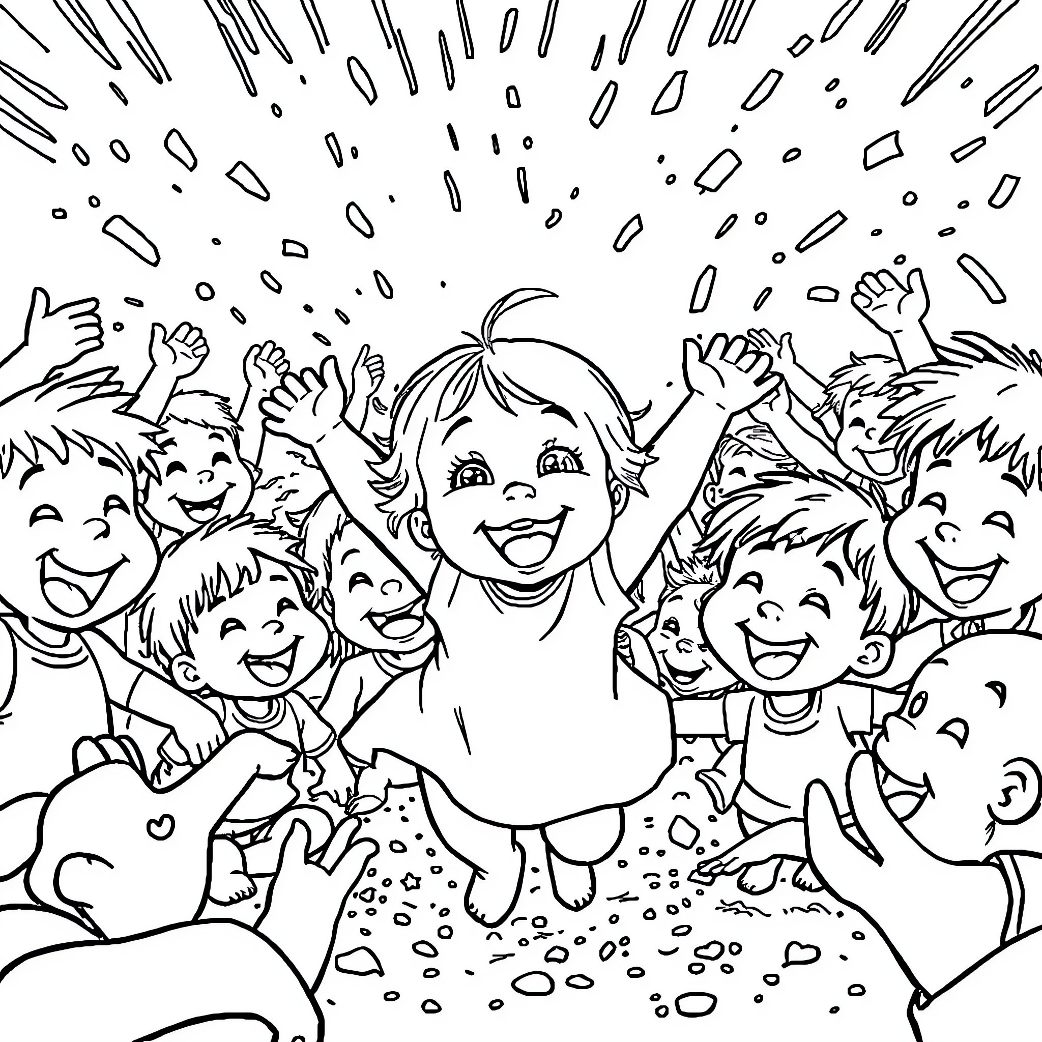 Baby enjoying a festive celebration with friends Coloring Page (free black-and-white line drawing printable PDF for all, from beginners to advanced learners, including children, teens, adults, and seniors)