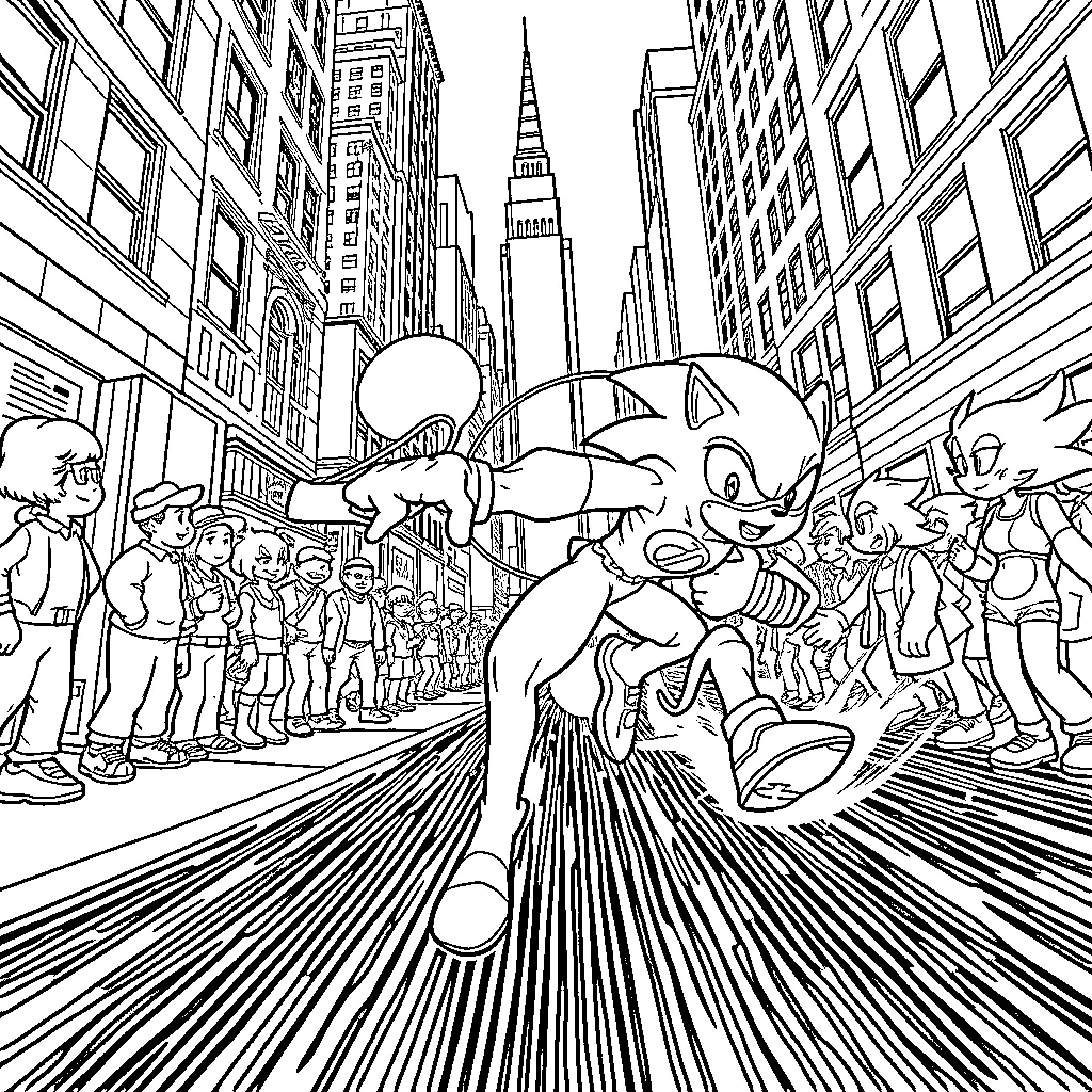Flash Characters Speedily Navigate City Skyline Coloring Page (free black-and-white line drawing printable PDF for all, from beginners to advanced learners, including children, teens, adults, and seniors)