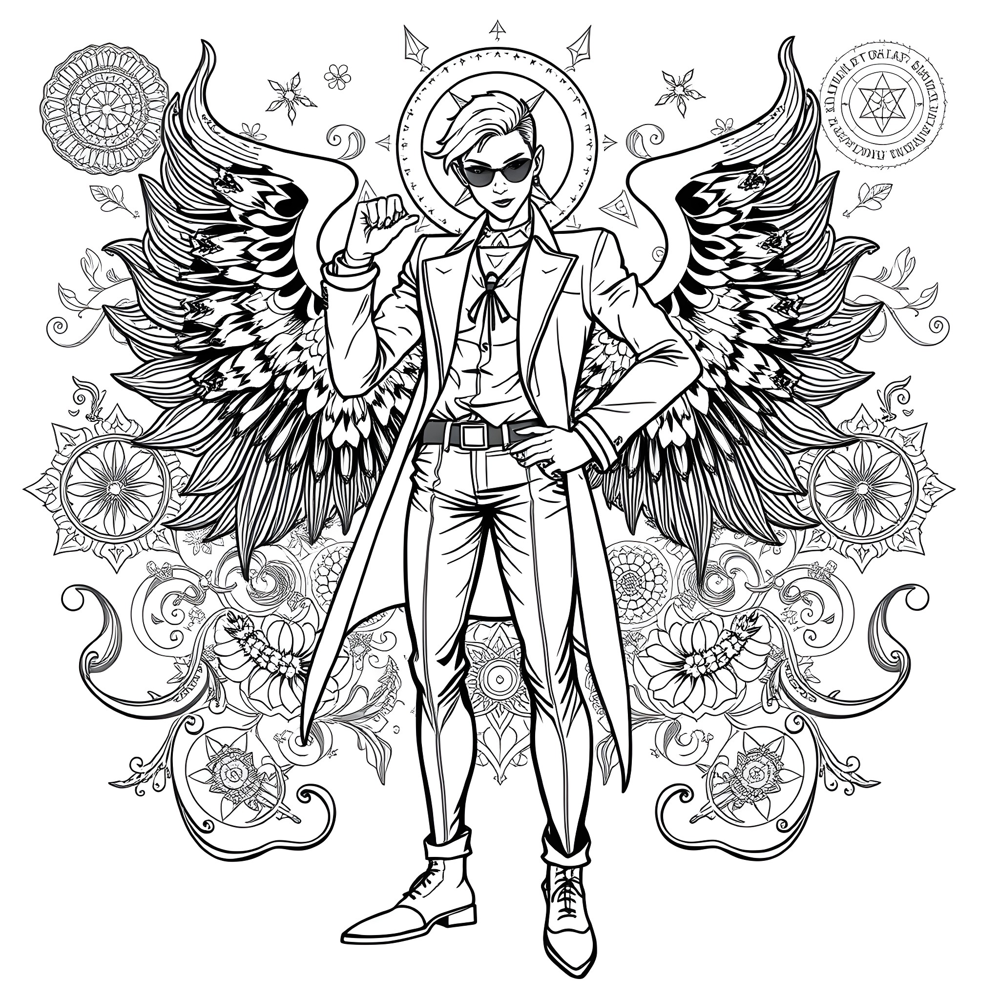 Cipher - Winged figure amidst intricate patterns Coloring Page (free black-and-white line drawing printable PDF for all, from beginners to advanced learners, including children, teens, adults, and seniors)