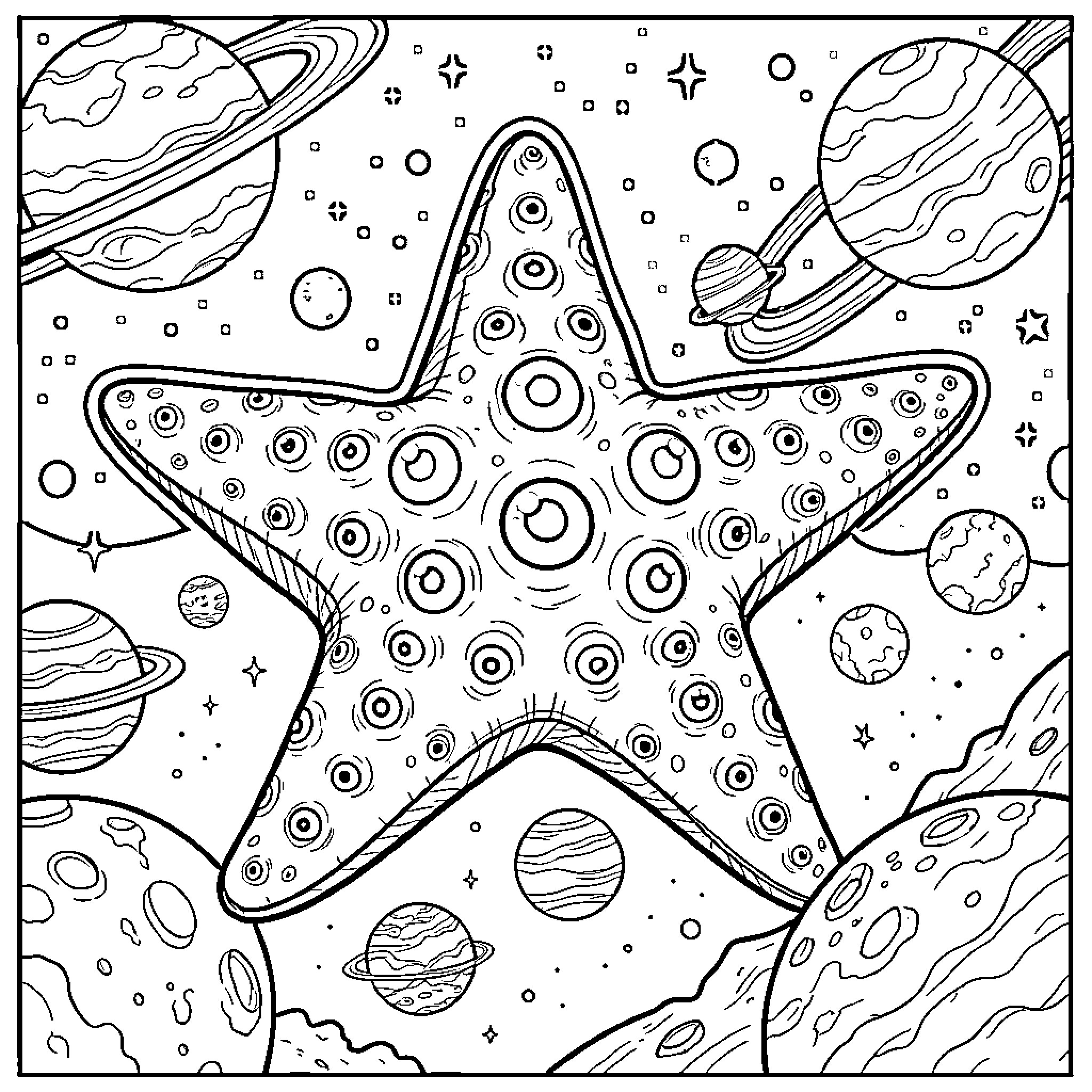 Starro in the Cosmic Playground Coloring Page (free black-and-white line drawing printable PDF for all, from beginners to advanced learners, including children, teens, adults, and seniors)