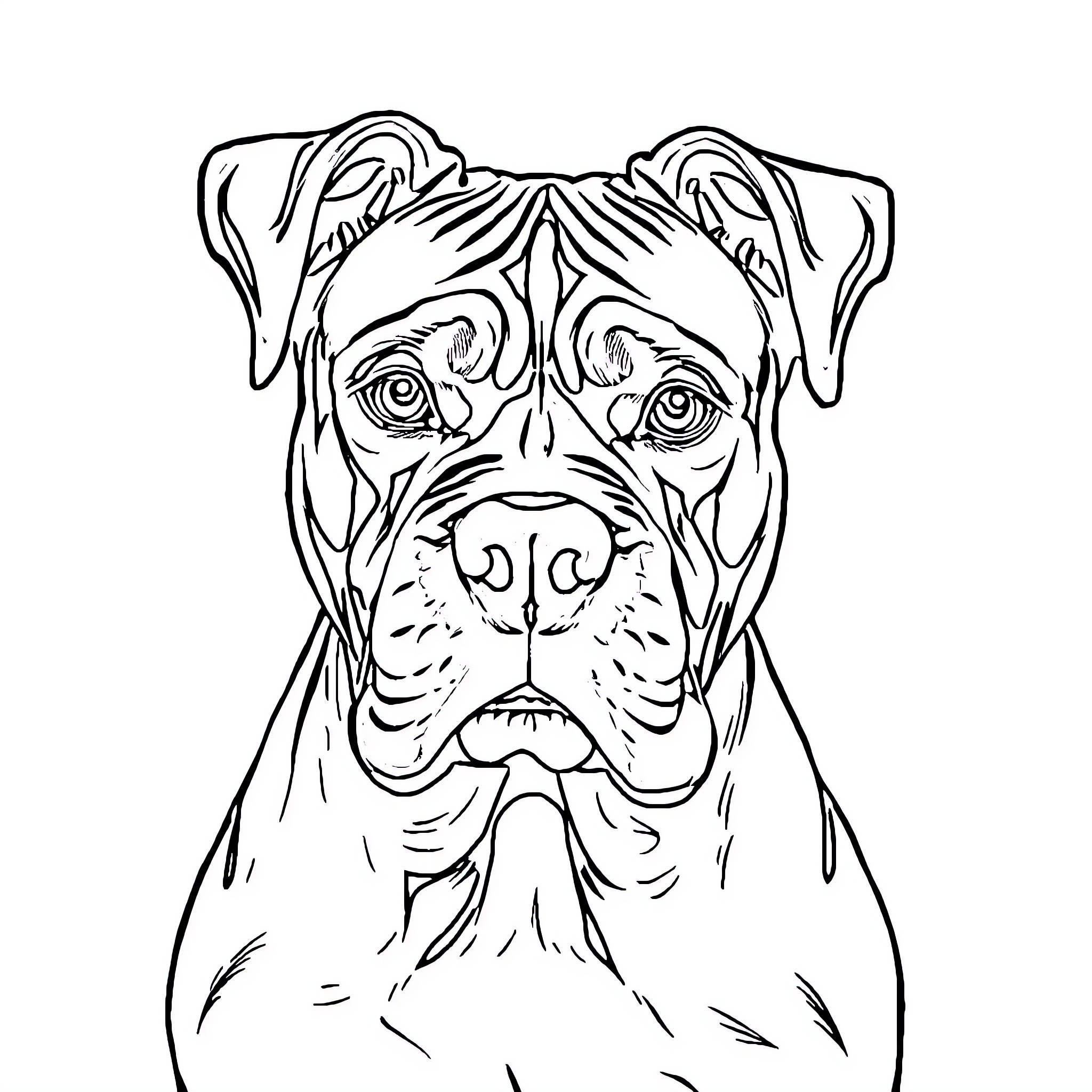 Pit Dog with Intense Gaze Coloring Page (free black-and-white line drawing printable PDF for all, from beginners to advanced learners, including children, teens, adults, and seniors)