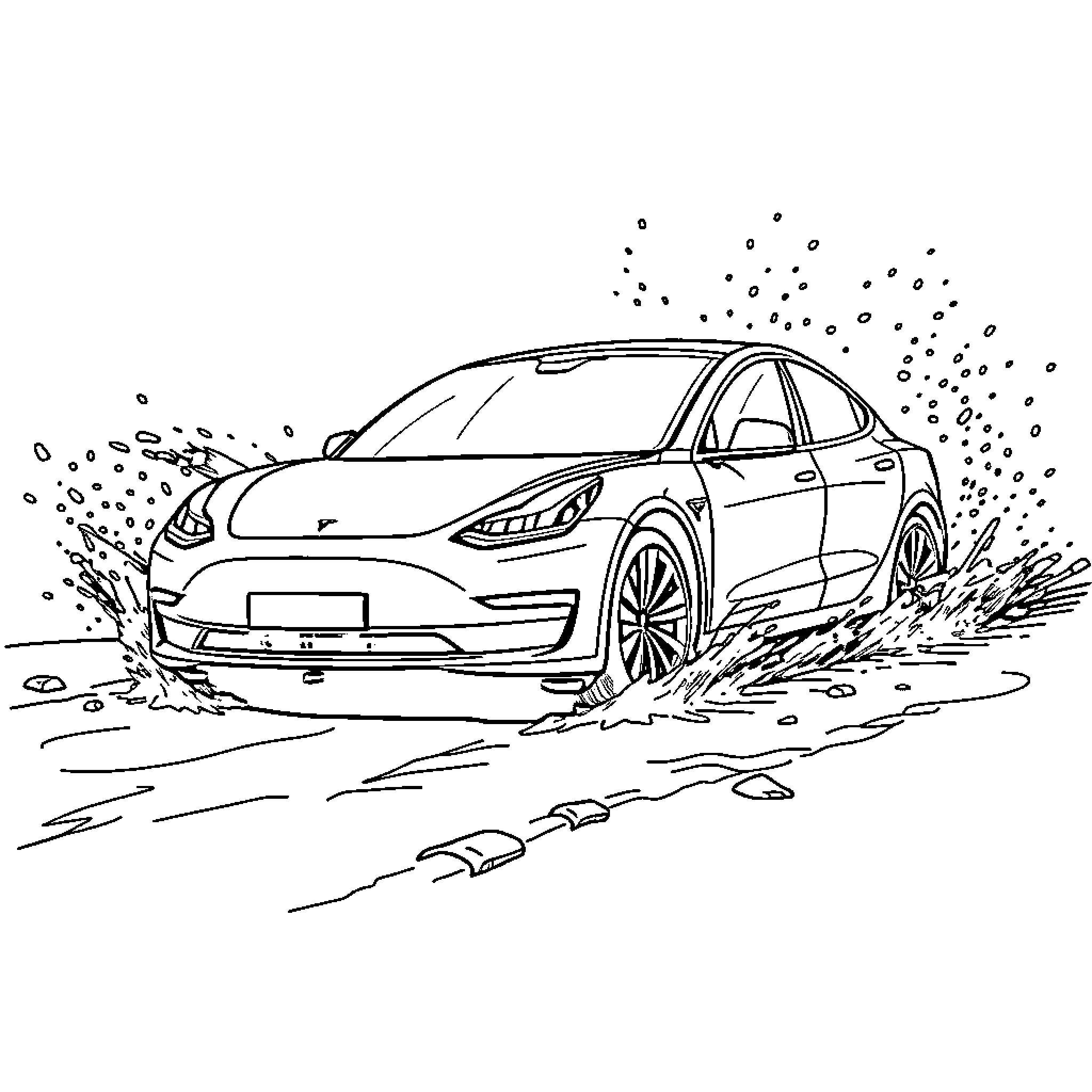 Tesla model driving through mud and puddles Coloring Page (free black-and-white line drawing printable PDF for all, from beginners to advanced learners, including children, teens, adults, and seniors)