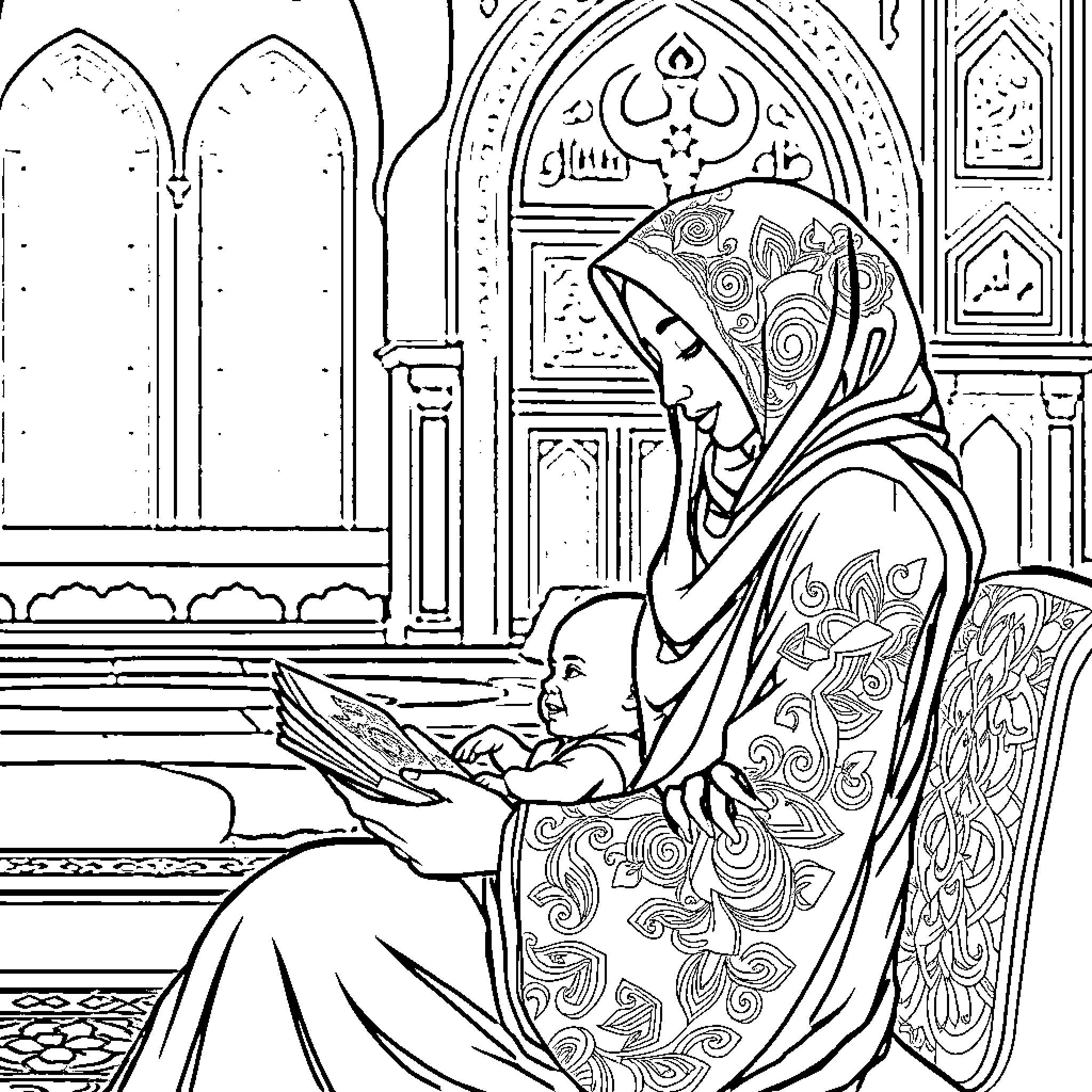 Mother reading a book in an ornate mosque Coloring Page (free black-and-white line drawing printable PDF for all, from beginners to advanced learners, including children, teens, adults, and seniors)
