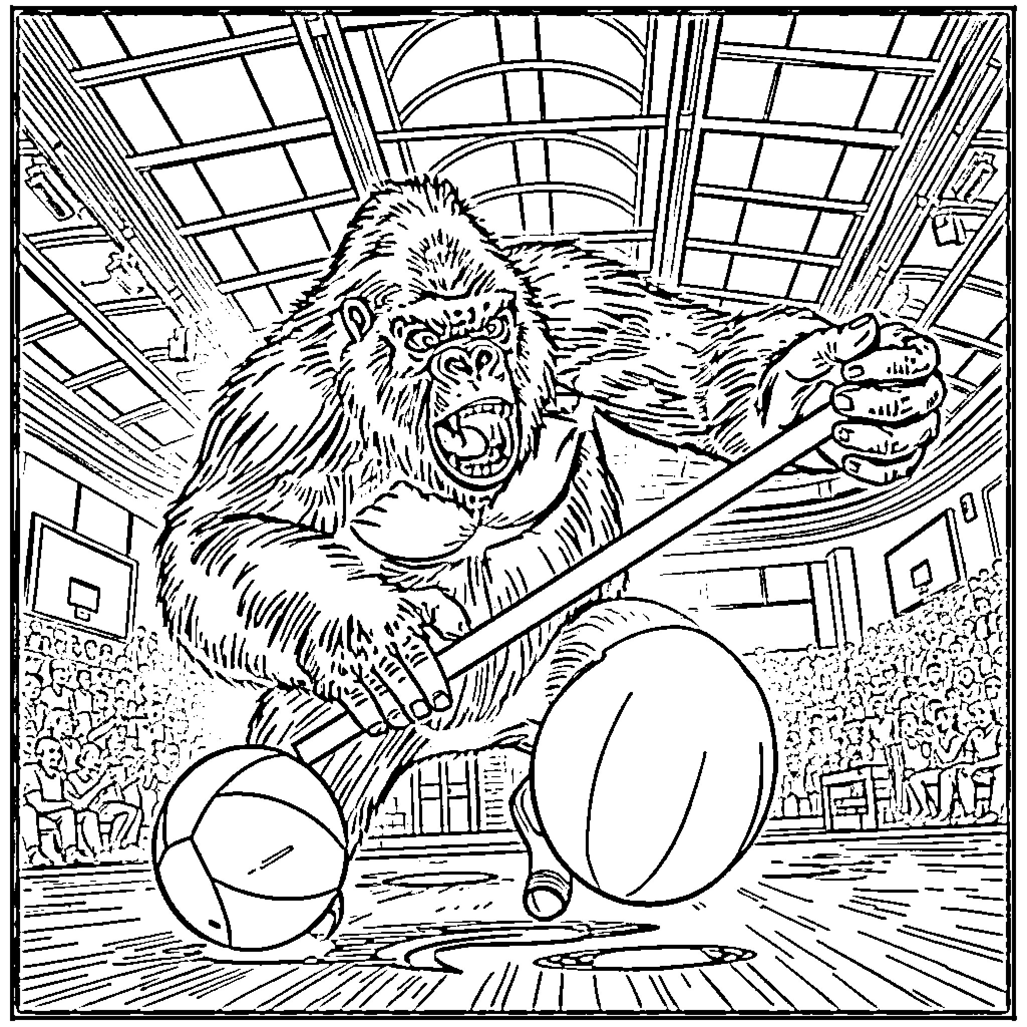 Silverback Gorilla Rampaging in Gymnasium Coloring Page (free black-and-white line drawing printable PDF for all, from beginners to advanced learners, including children, teens, adults, and seniors)