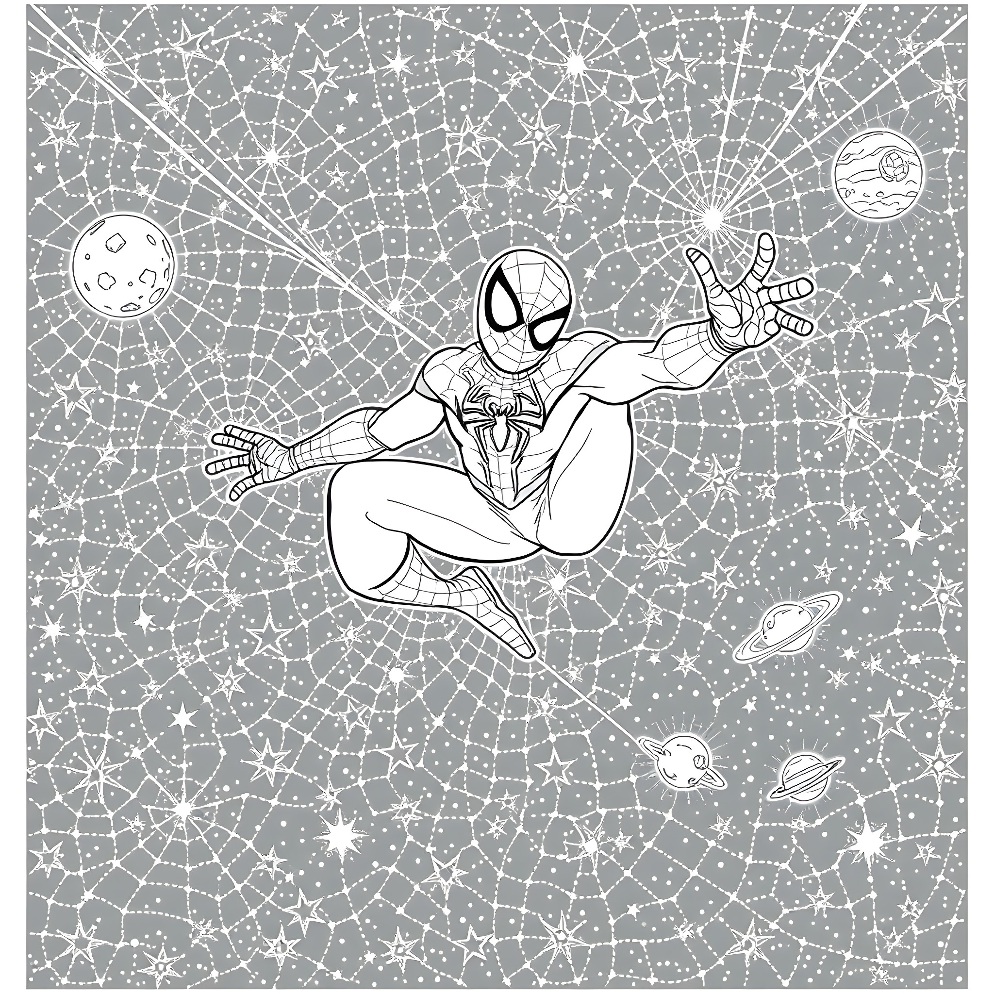 Spider-Man swinging through a cosmic web of stars Coloring Page (free black-and-white line drawing printable PDF for all, from beginners to advanced learners, including children, teens, adults, and seniors)
