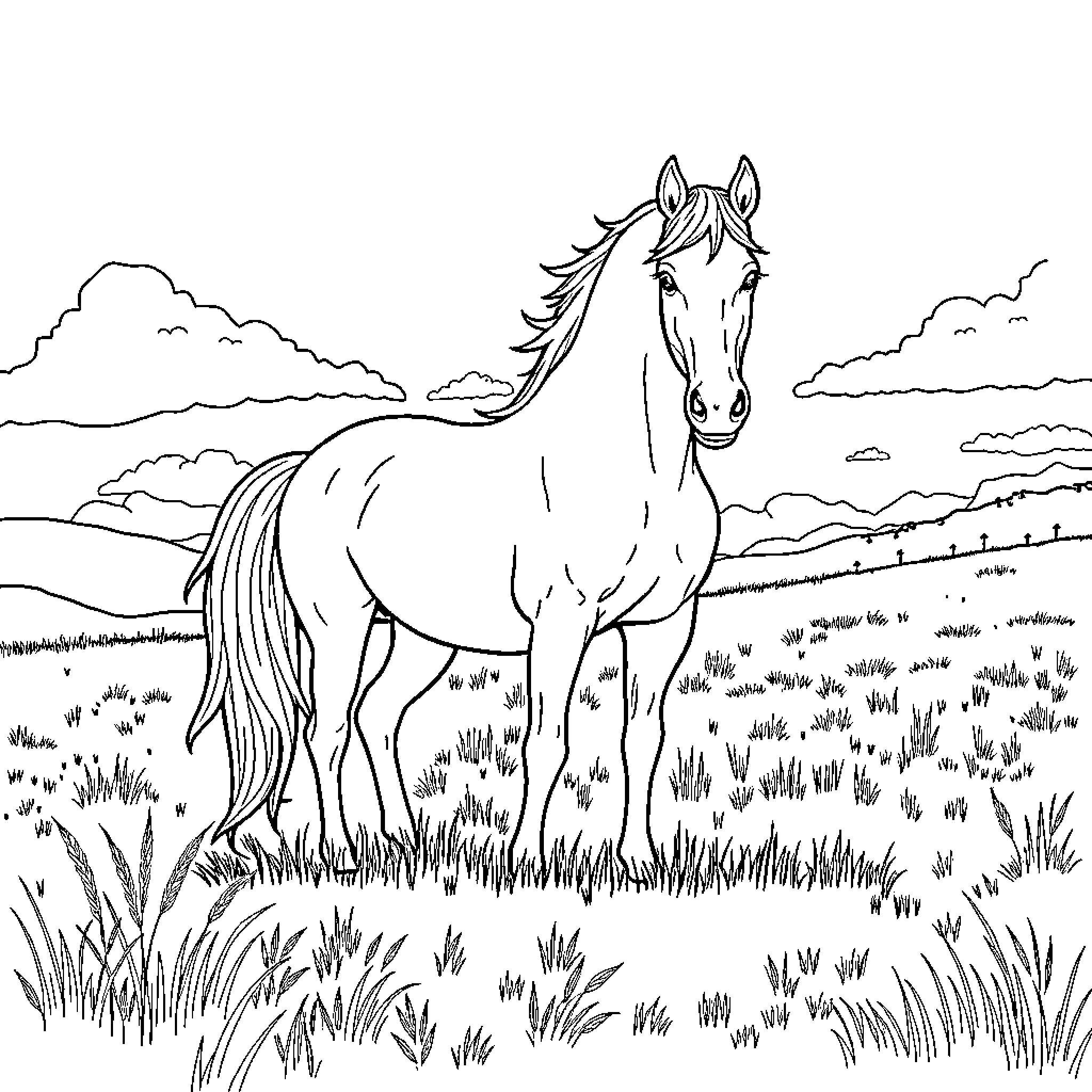 Horse grazing in serene countryside landscape Coloring Page (free black-and-white line drawing printable PDF for all, from beginners to advanced learners, including children, teens, adults, and seniors)