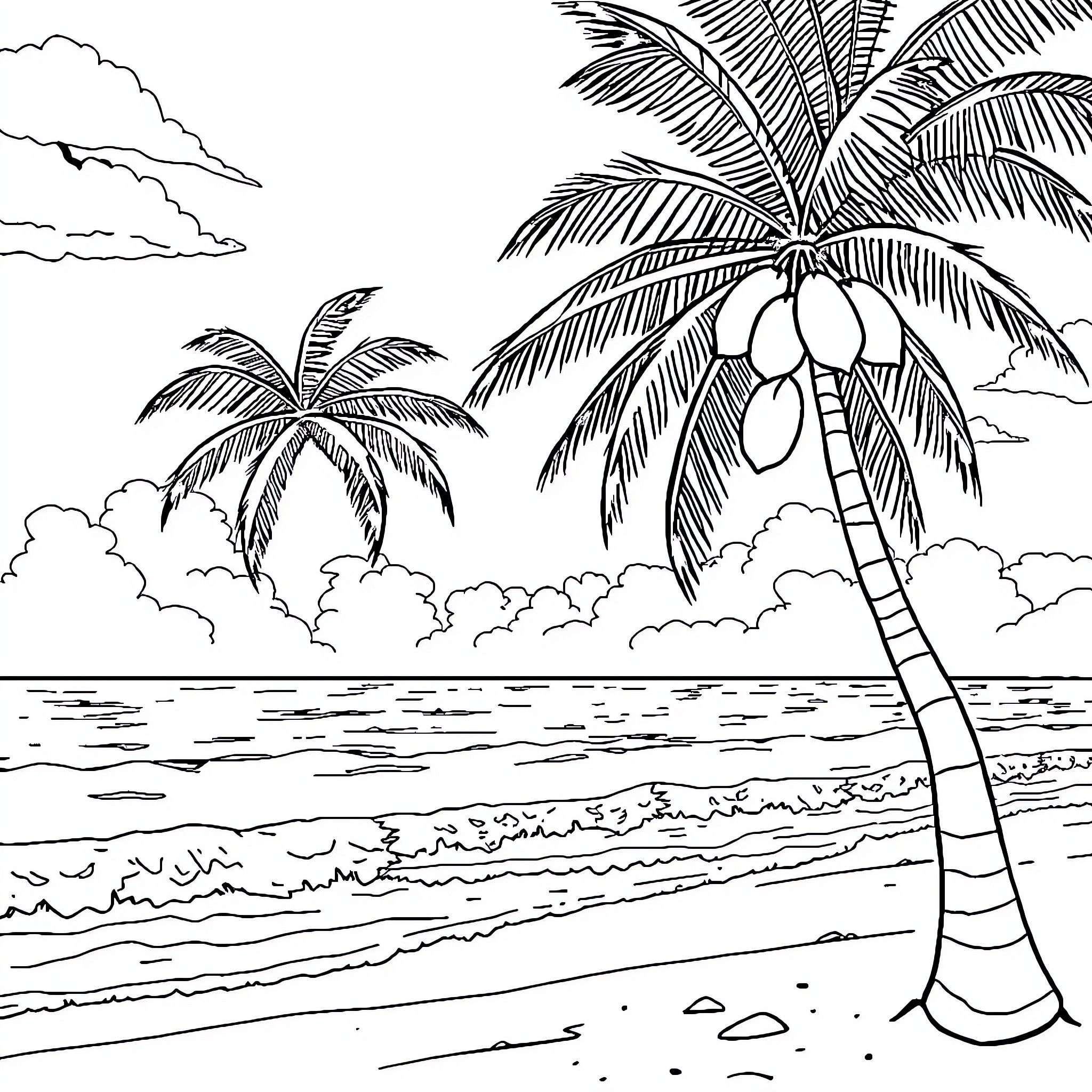 Beach scene with palm trees and ocean Coloring Page (free black-and-white line drawing printable PDF for all, from beginners to advanced learners, including children, teens, adults, and seniors)