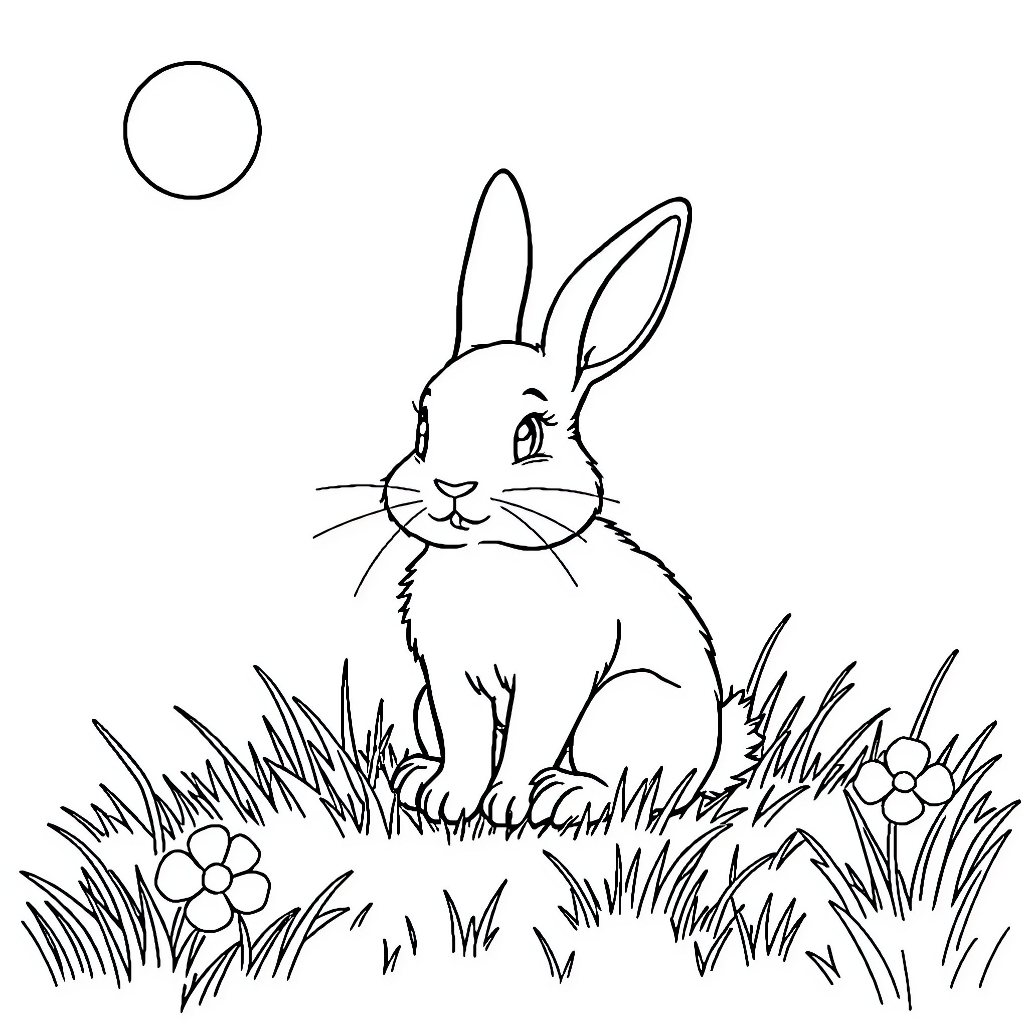 Bunny resting peacefully in a flowery meadow Coloring Page (free black-and-white line drawing printable PDF for all, from beginners to advanced learners, including children, teens, adults, and seniors)