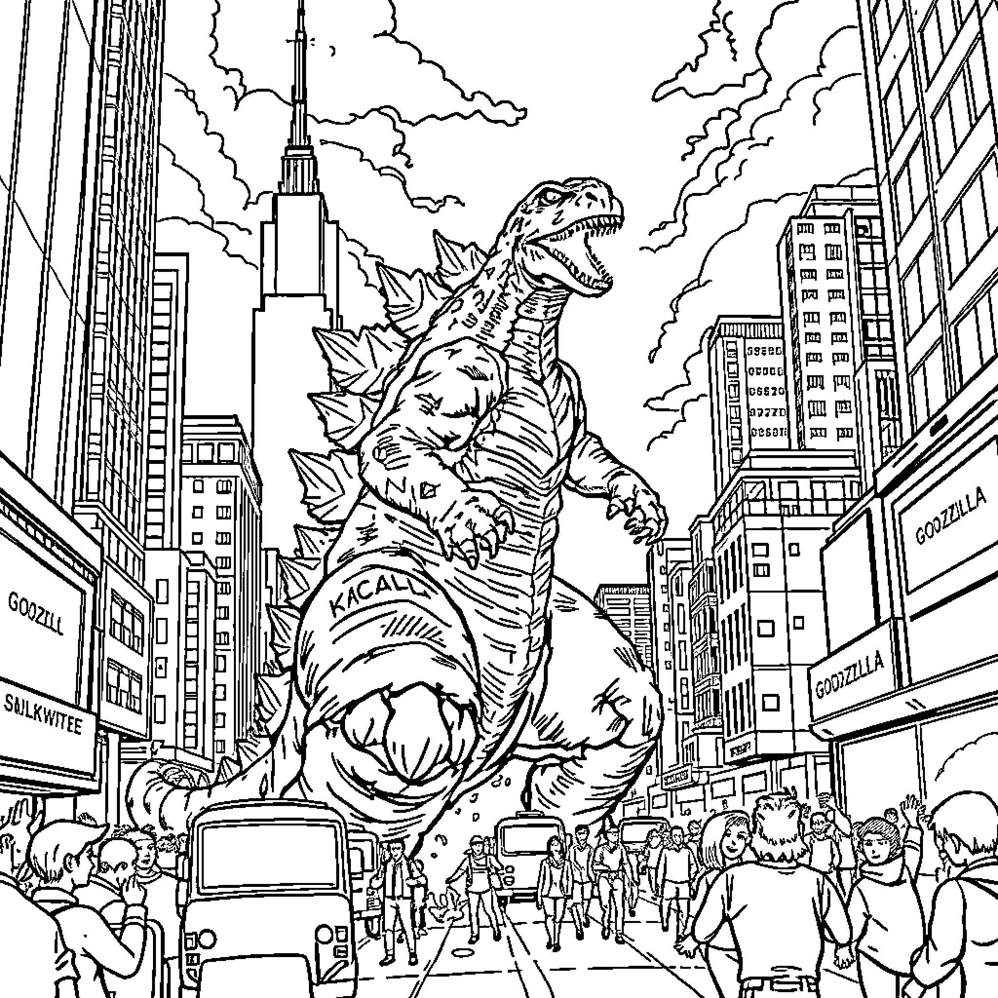 Godzilla rampaging through the city streets Coloring Page (free black-and-white line drawing printable PDF for all, from beginners to advanced learners, including children, teens, adults, and seniors)