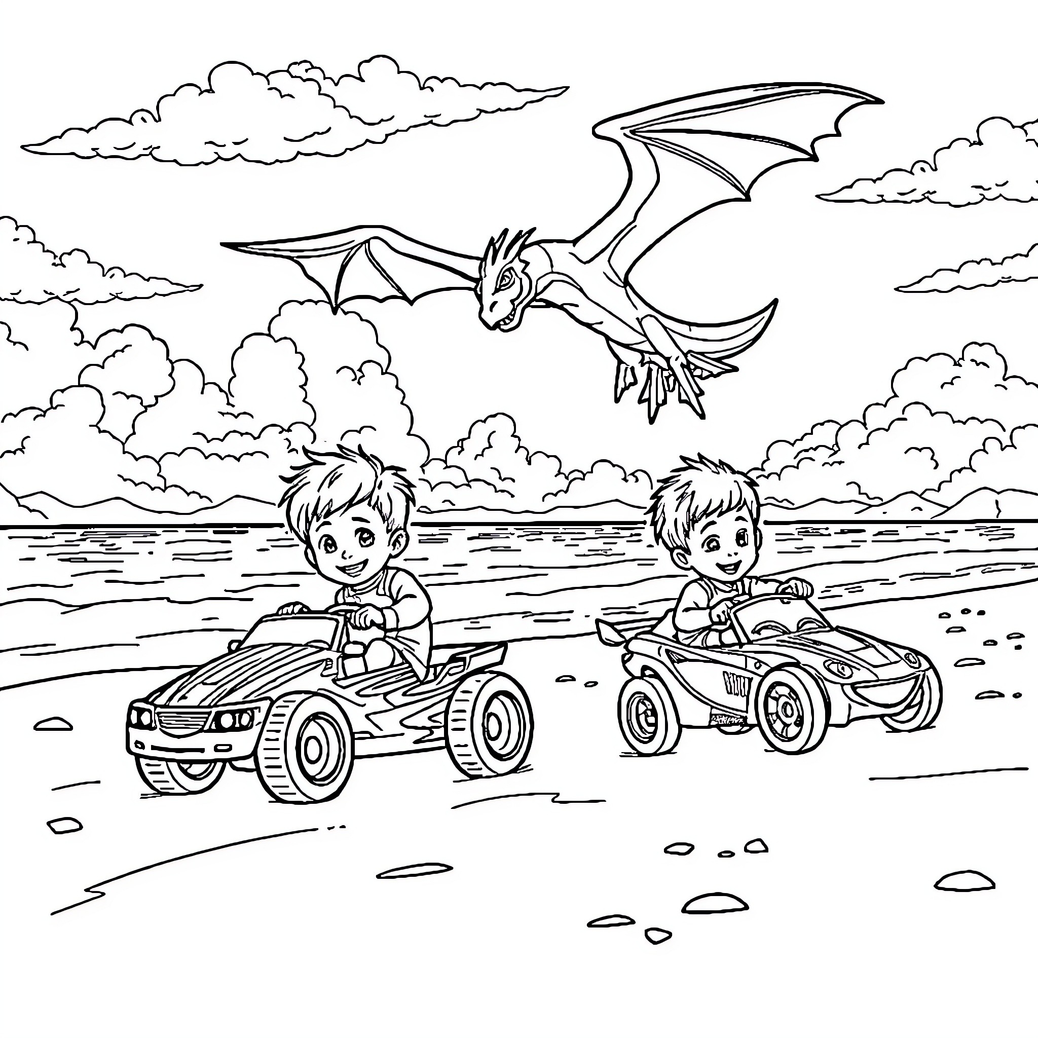 Boys racing toy cars under a flying dragon Coloring Page (free black-and-white line drawing printable PDF for all, from beginners to advanced learners, including children, teens, adults, and seniors)