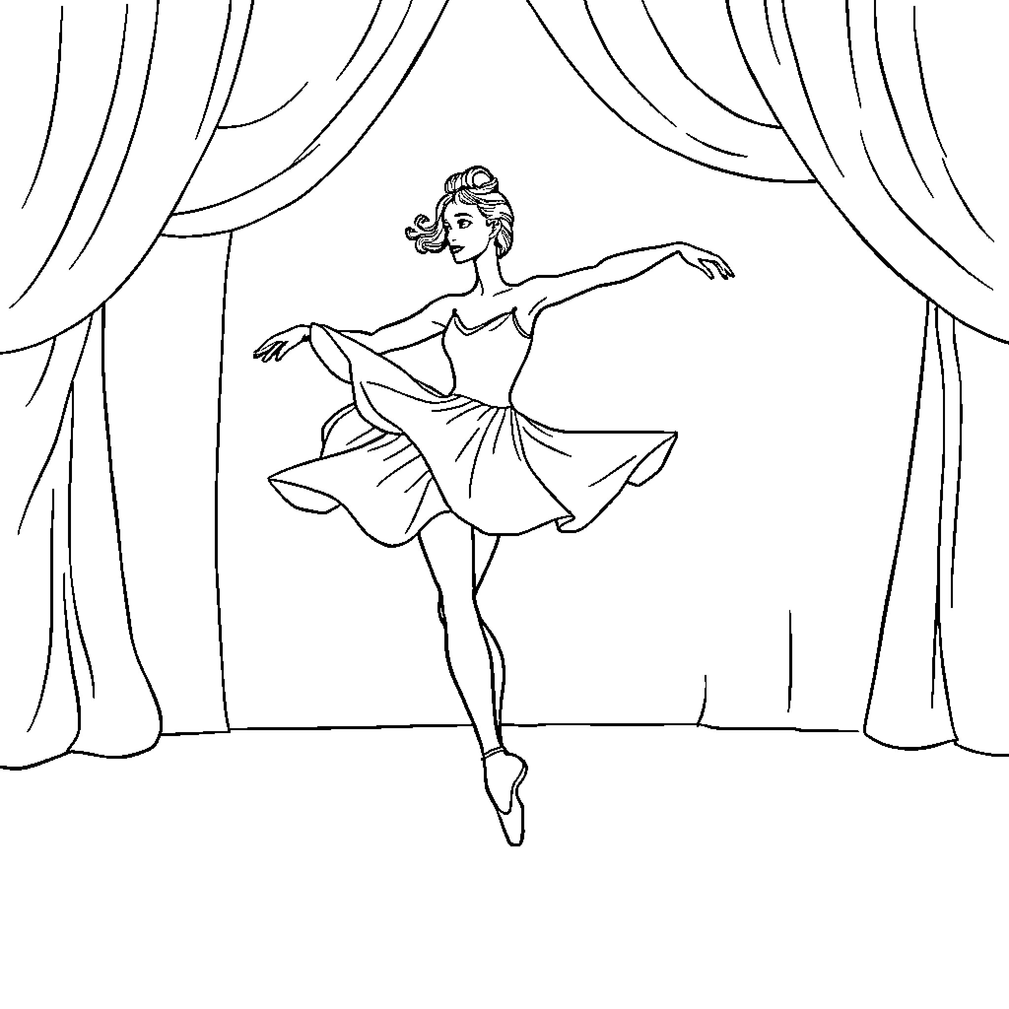 Ballerina performing graceful dance on stage Coloring Page (free black-and-white line drawing printable PDF for all, from beginners to advanced learners, including children, teens, adults, and seniors)