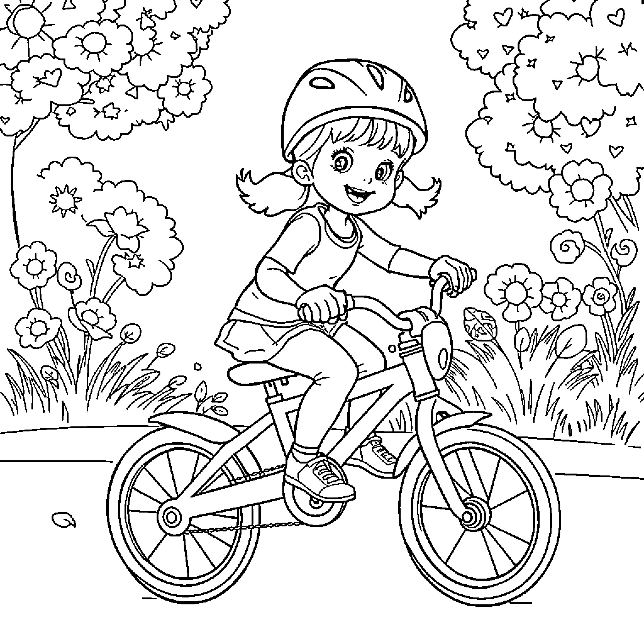 Eliana's Joyful Bicycle Ride in Bloom Coloring Page (free black-and-white line drawing printable PDF for all, from beginners to advanced learners, including children, teens, adults, and seniors)