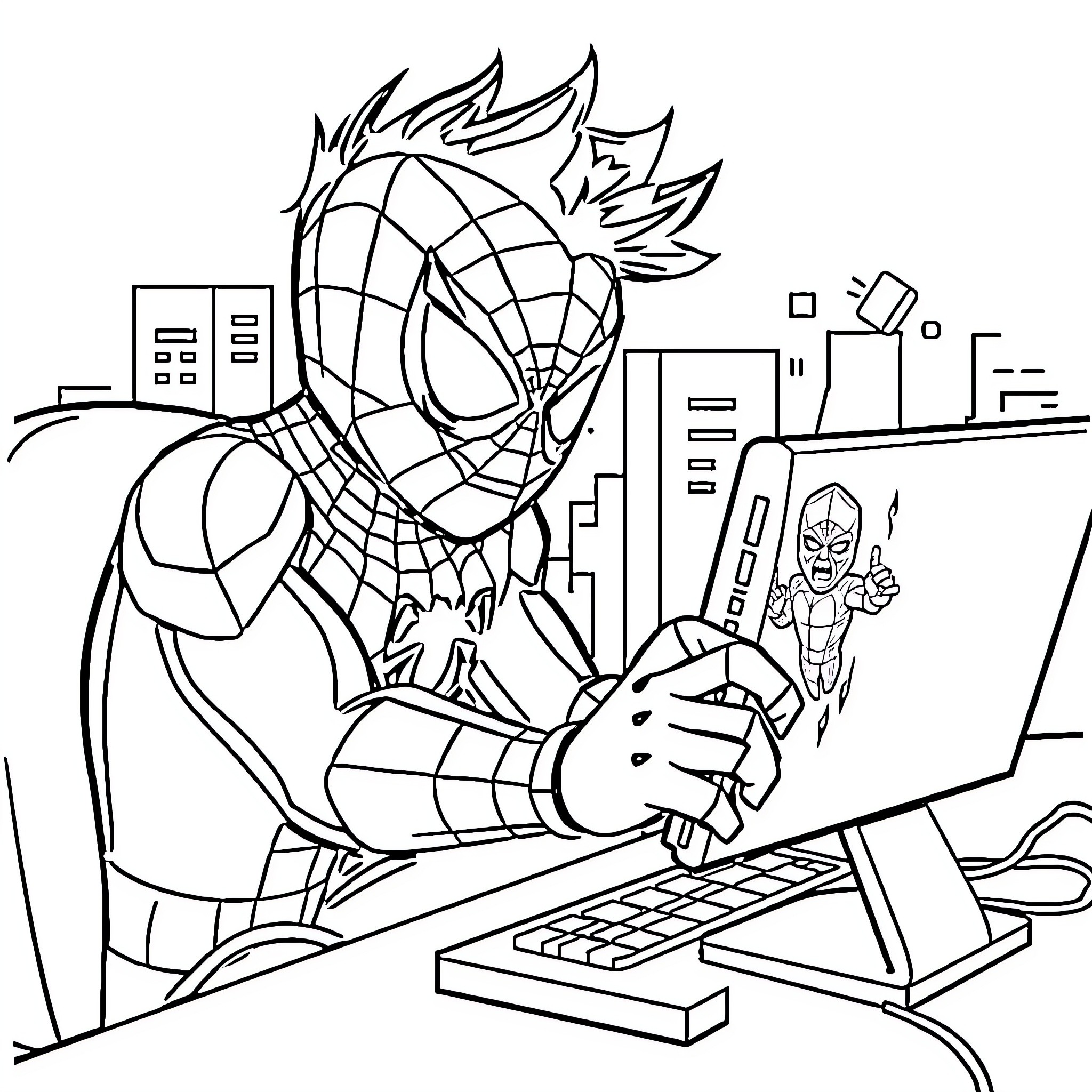 Spider-Man using computer in futuristic city Coloring Page (free black-and-white line drawing printable PDF for all, from beginners to advanced learners, including children, teens, adults, and seniors)