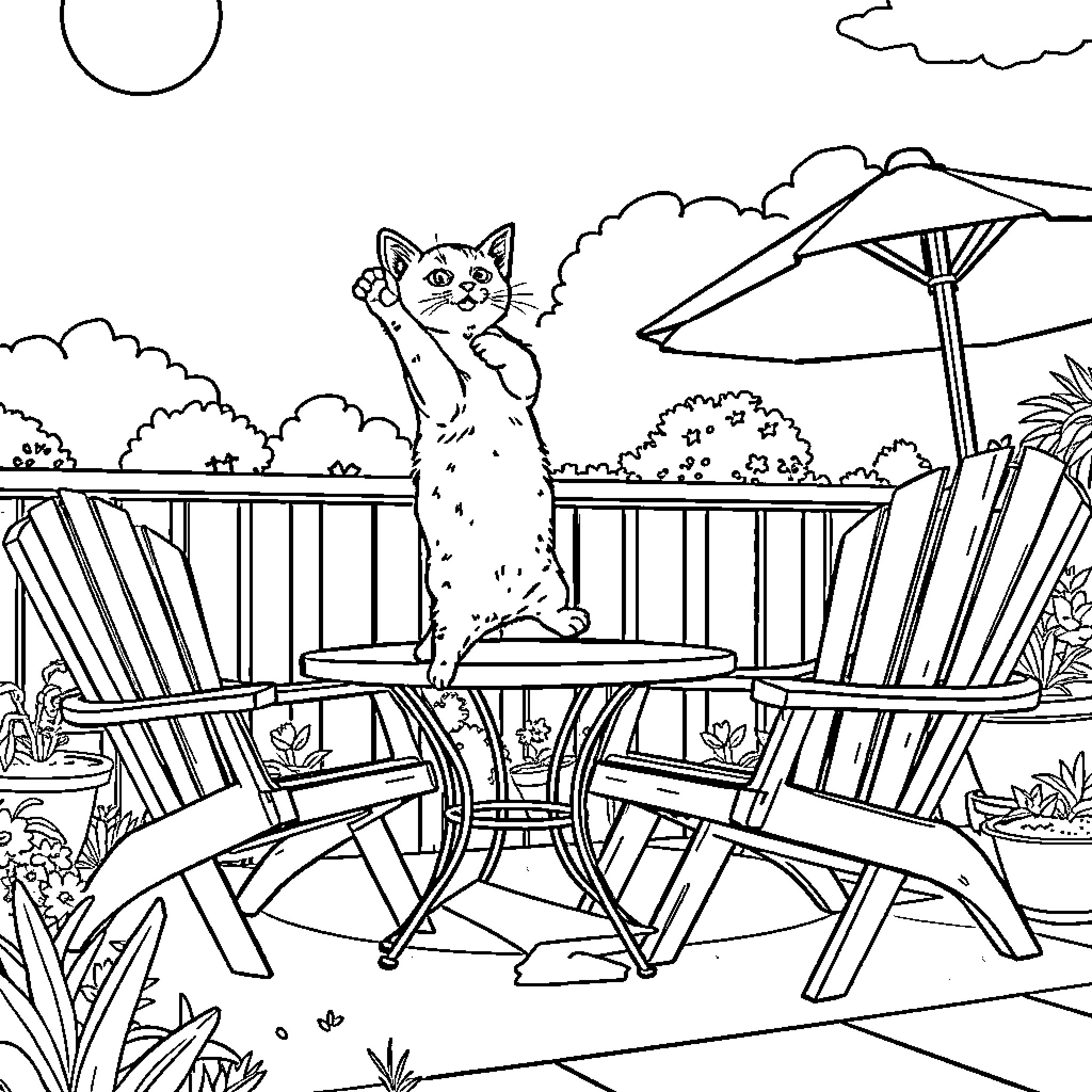 Cat lounging on patio furniture in outdoor scene Coloring Page (free black-and-white line drawing printable PDF for all, from beginners to advanced learners, including children, teens, adults, and seniors)