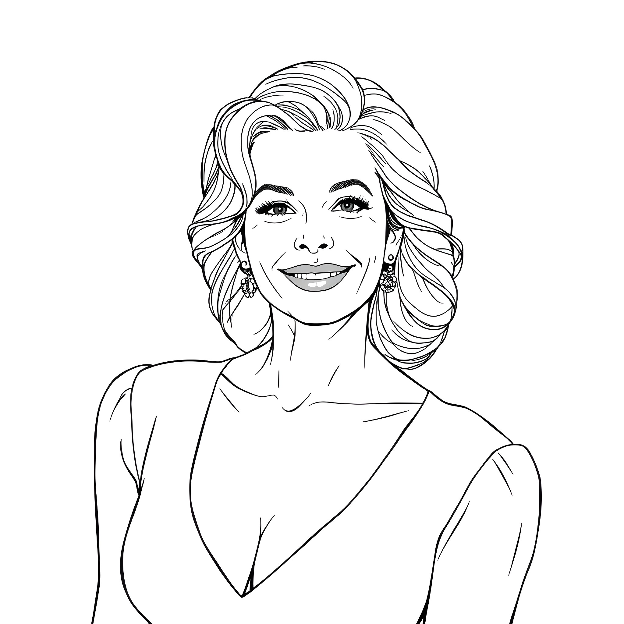 Michelle Pfeiffer smiling and wearing elegant attire Coloring Page (free black-and-white line drawing printable PDF for all, from beginners to advanced learners, including children, teens, adults, and seniors)
