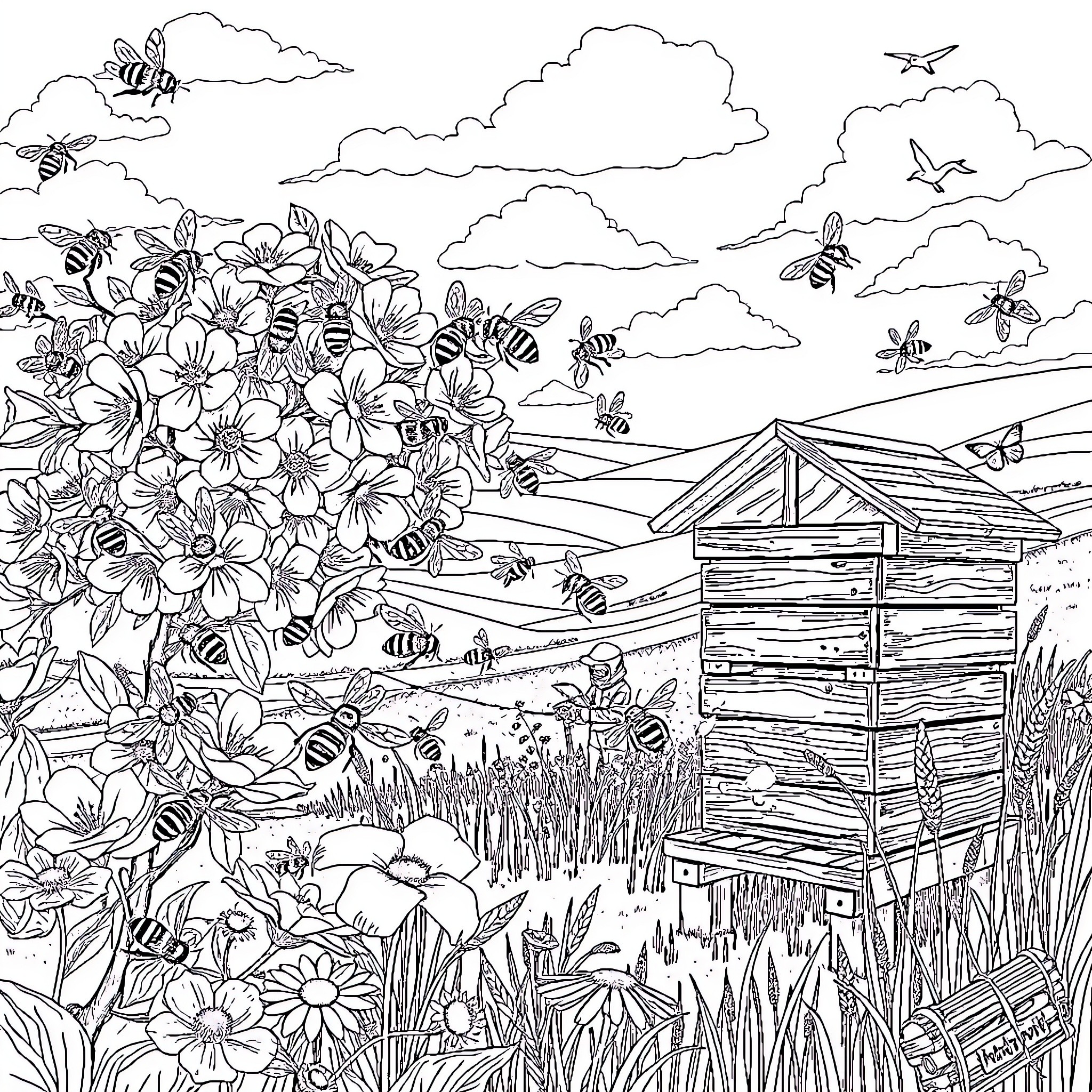 Bee-autiful Blossoms and Buzzing Beehive in Scenic Meadow Coloring Page (free black-and-white line drawing printable PDF for all, from beginners to advanced learners, including children, teens, adults, and seniors)