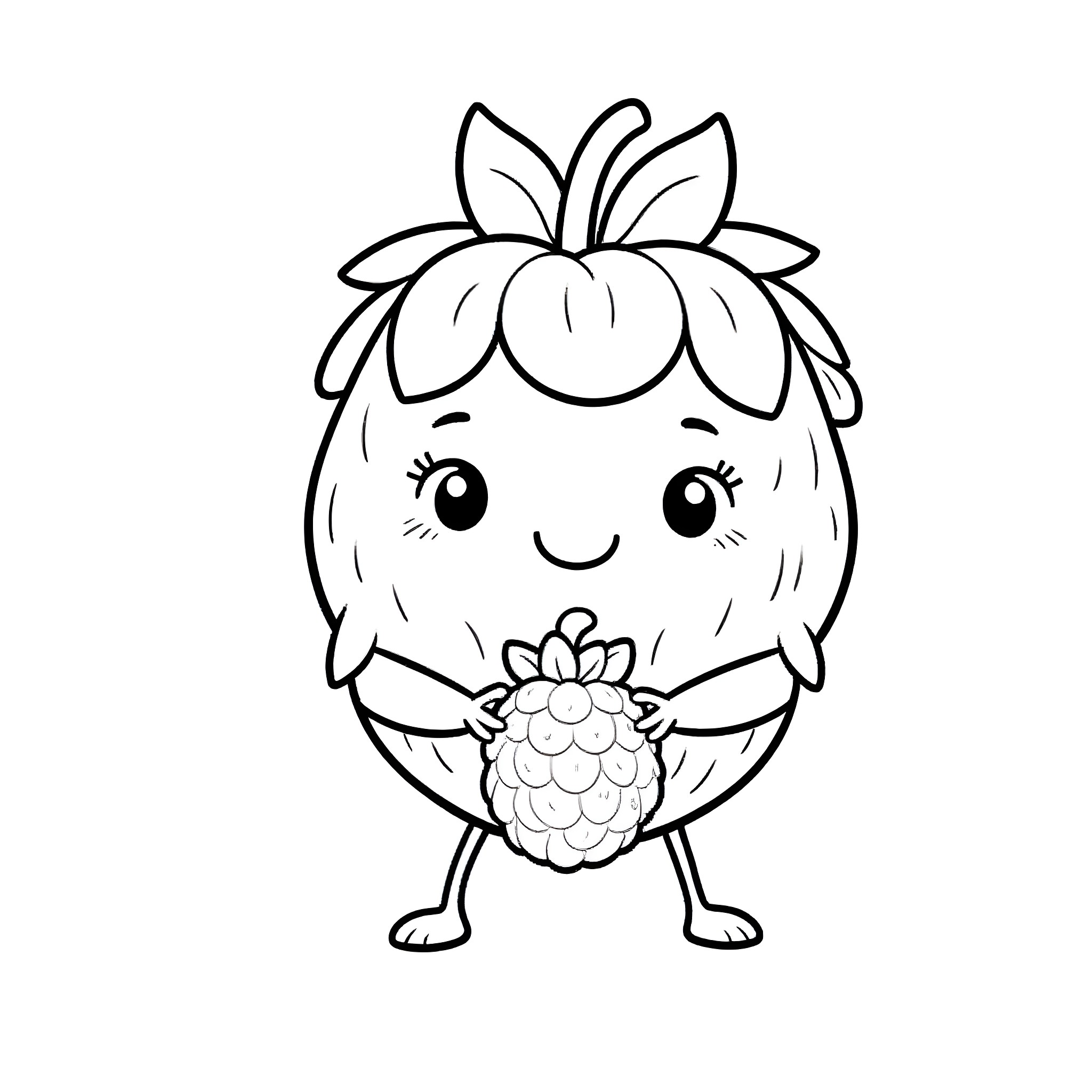 Raspberry Cartoon Character Holding Fruit Coloring Page (free black-and-white line drawing printable PDF for all, from beginners to advanced learners, including children, teens, adults, and seniors)