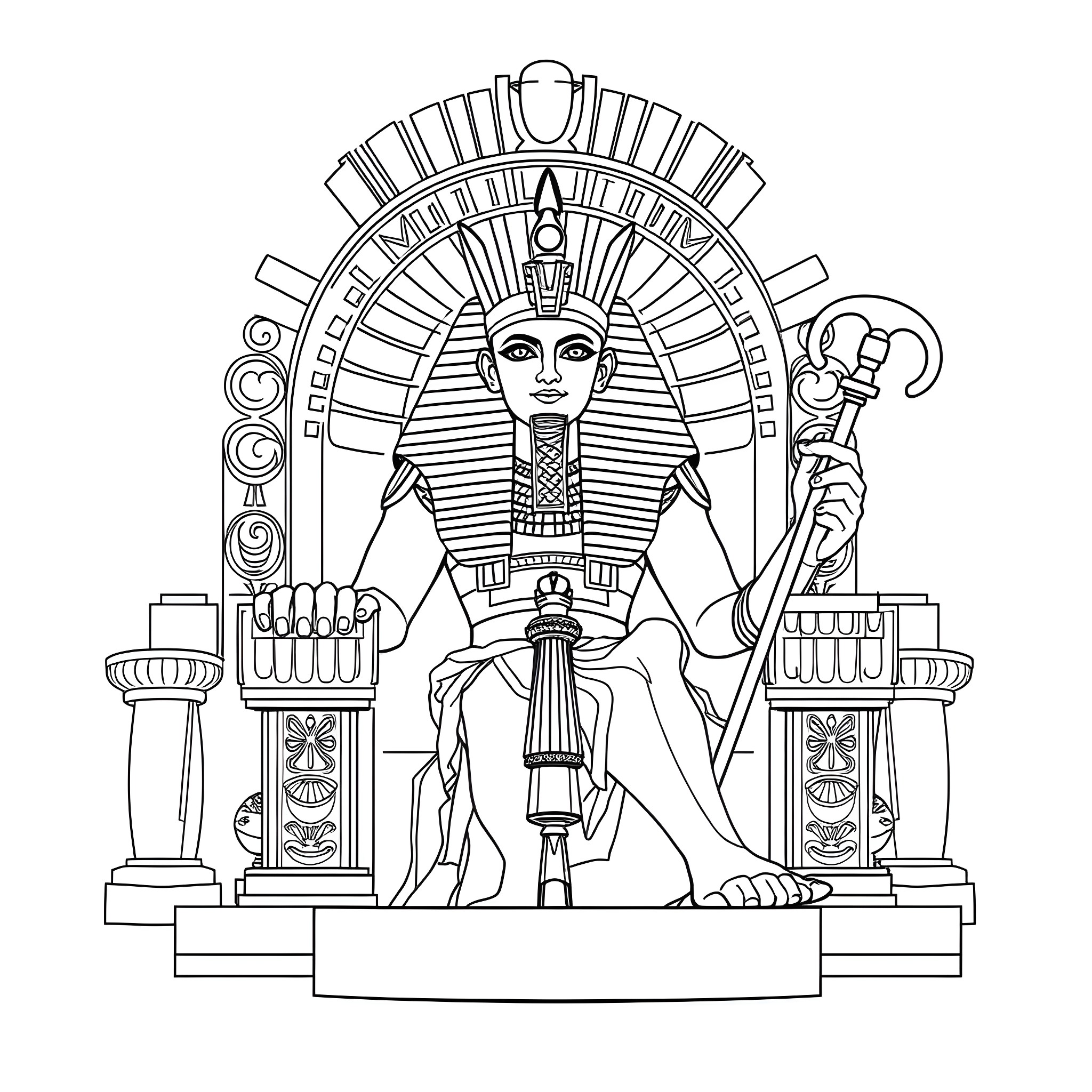 Pharaoh sitting on the throne with ornate decor Coloring Page (free black-and-white line drawing printable PDF for all, from beginners to advanced learners, including children, teens, adults, and seniors)