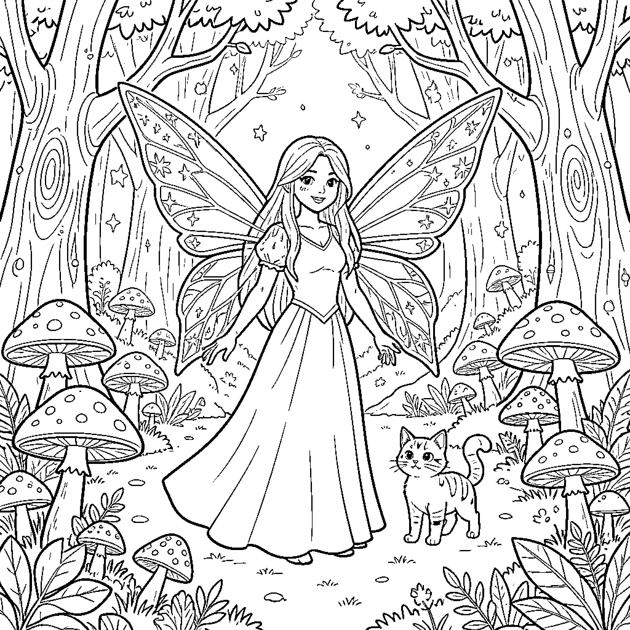 Hada fairy exploring enchanted forest with woodland creatures Coloring Page (free black-and-white line drawing printable PDF for all, from beginners to advanced learners, including children, teens, adults, and seniors)