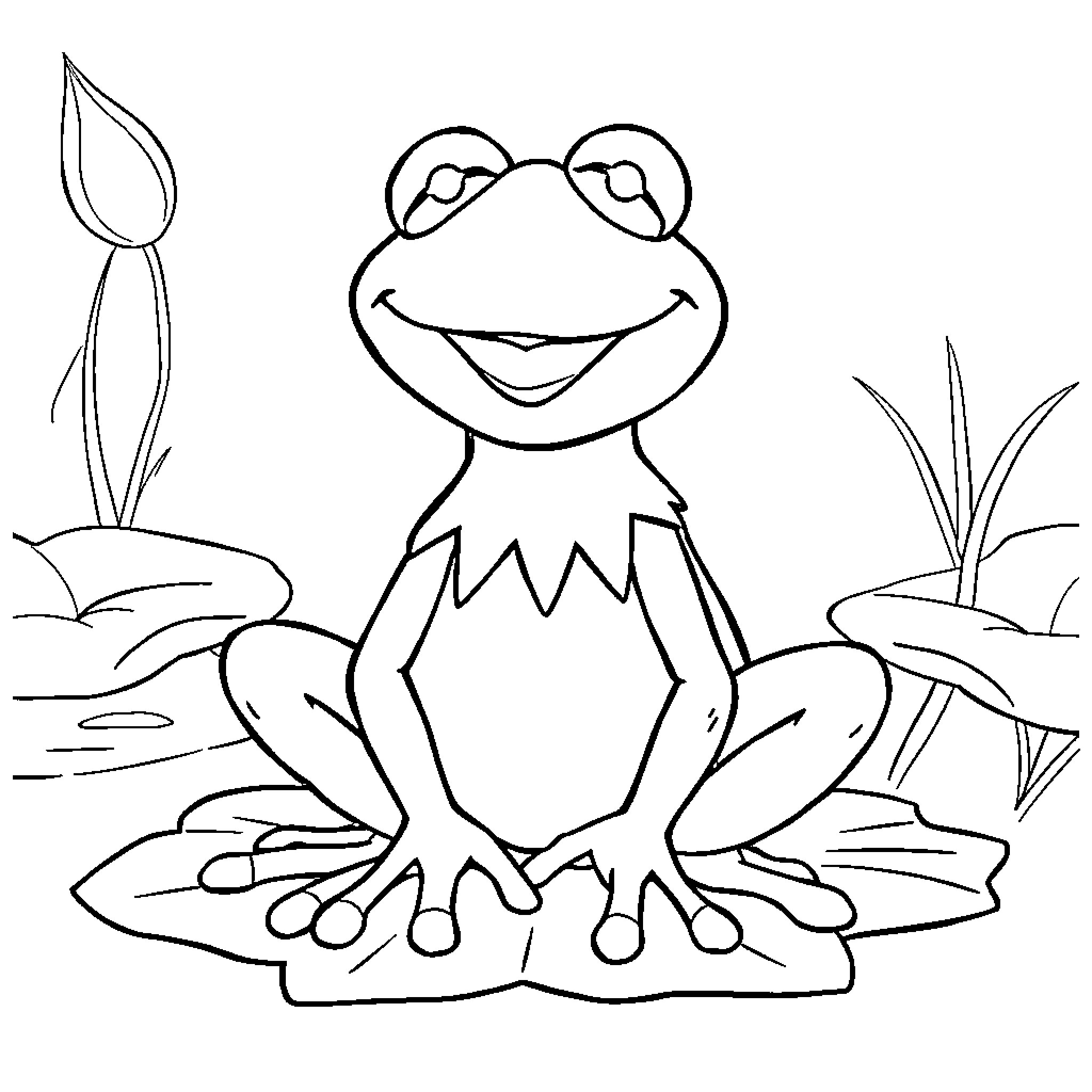 Kermit the Frog in a Whimsical Pond Setting Coloring Page (free black-and-white line drawing printable PDF for all, from beginners to advanced learners, including children, teens, adults, and seniors)