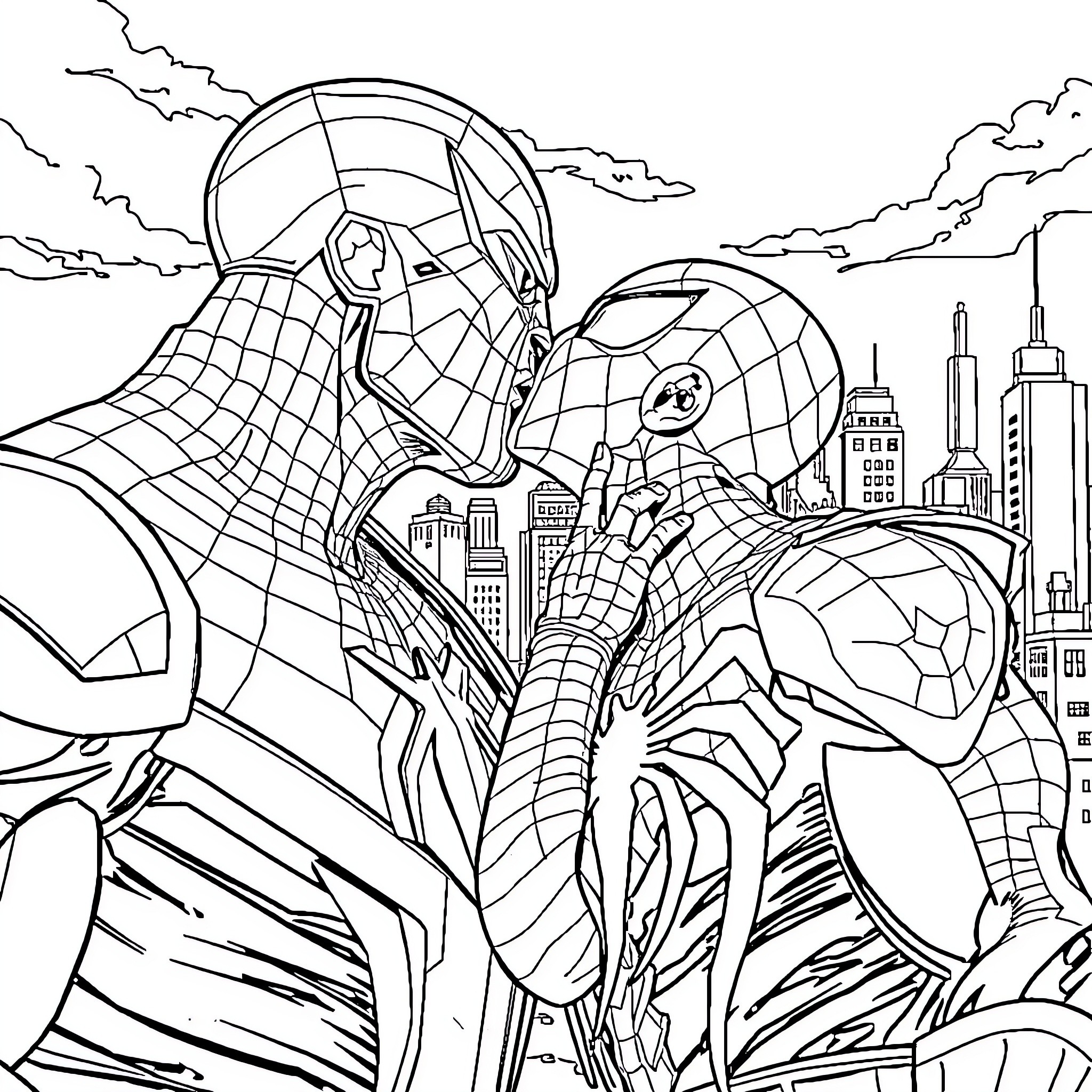 Spider-Man scaling tall buildings in the city Coloring Page (free black-and-white line drawing printable PDF for all, from beginners to advanced learners, including children, teens, adults, and seniors)