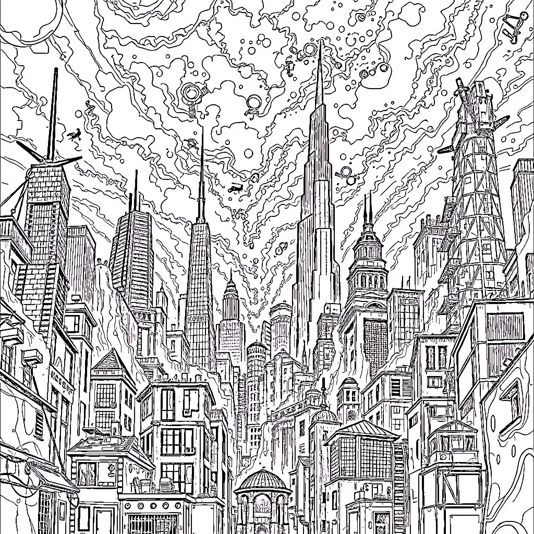 Technology Skyline of Futuristic Metropolis Coloring Page (free black-and-white line drawing printable PDF for all, from beginners to advanced learners, including children, teens, adults, and seniors)
