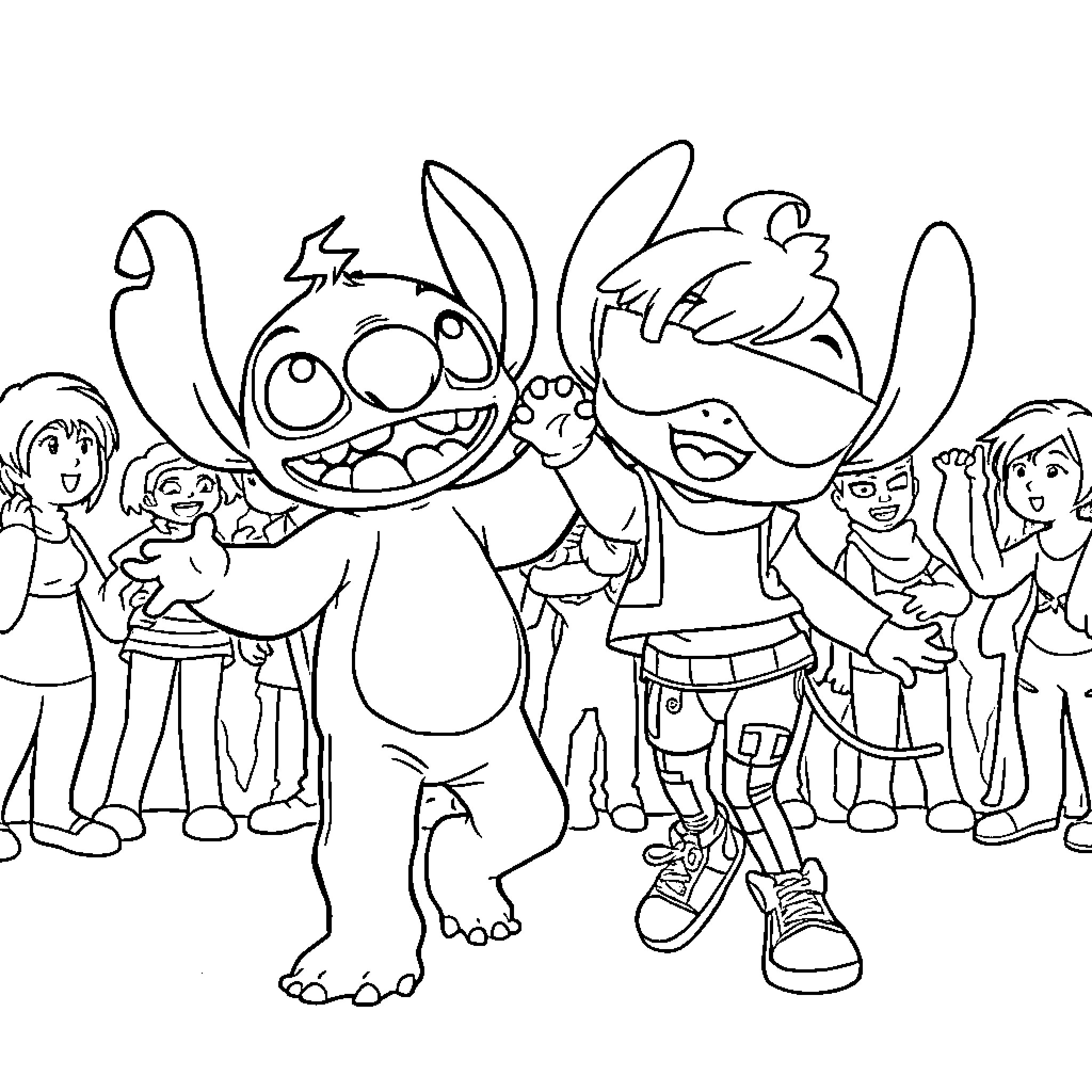 Stitch and friends in a playful group scene Coloring Page (free black-and-white line drawing printable PDF for all, from beginners to advanced learners, including children, teens, adults, and seniors)