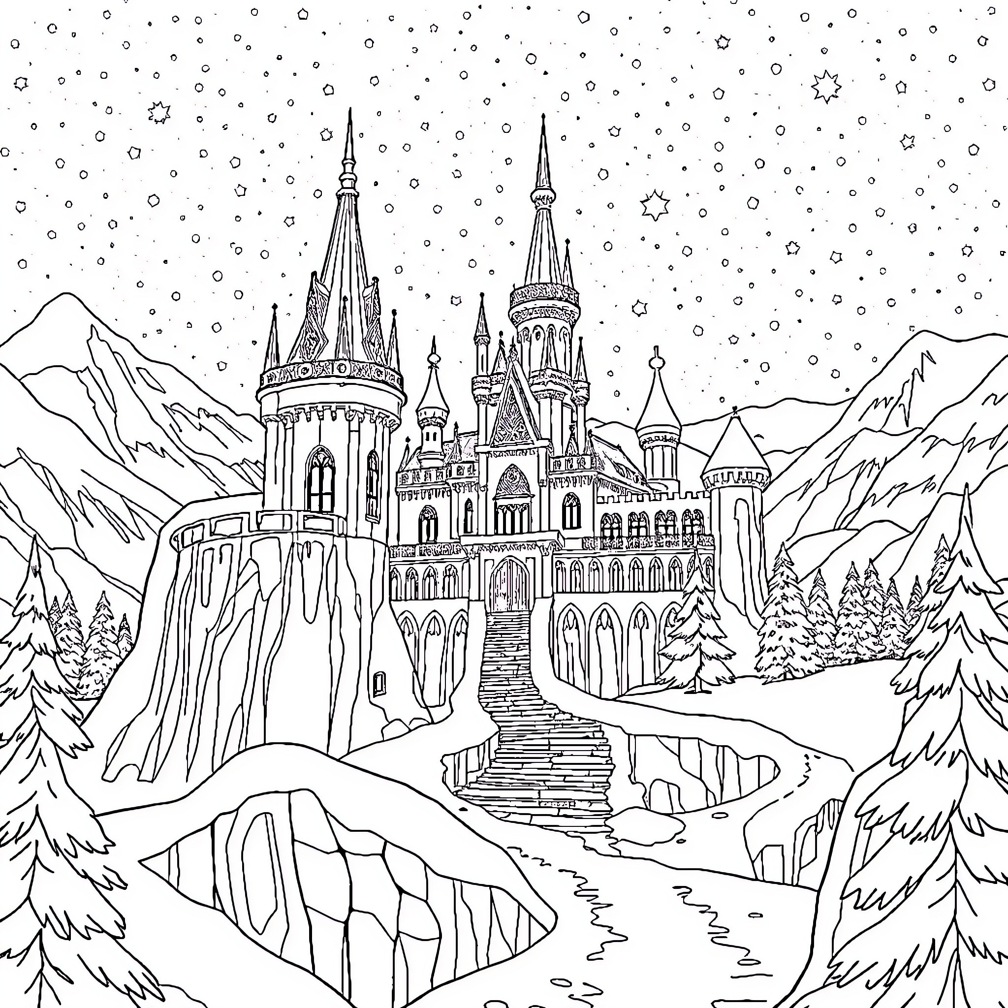 Snow Queen's Enchanted Winter Palace Coloring Page (free black-and-white line drawing printable PDF for all, from beginners to advanced learners, including children, teens, adults, and seniors)