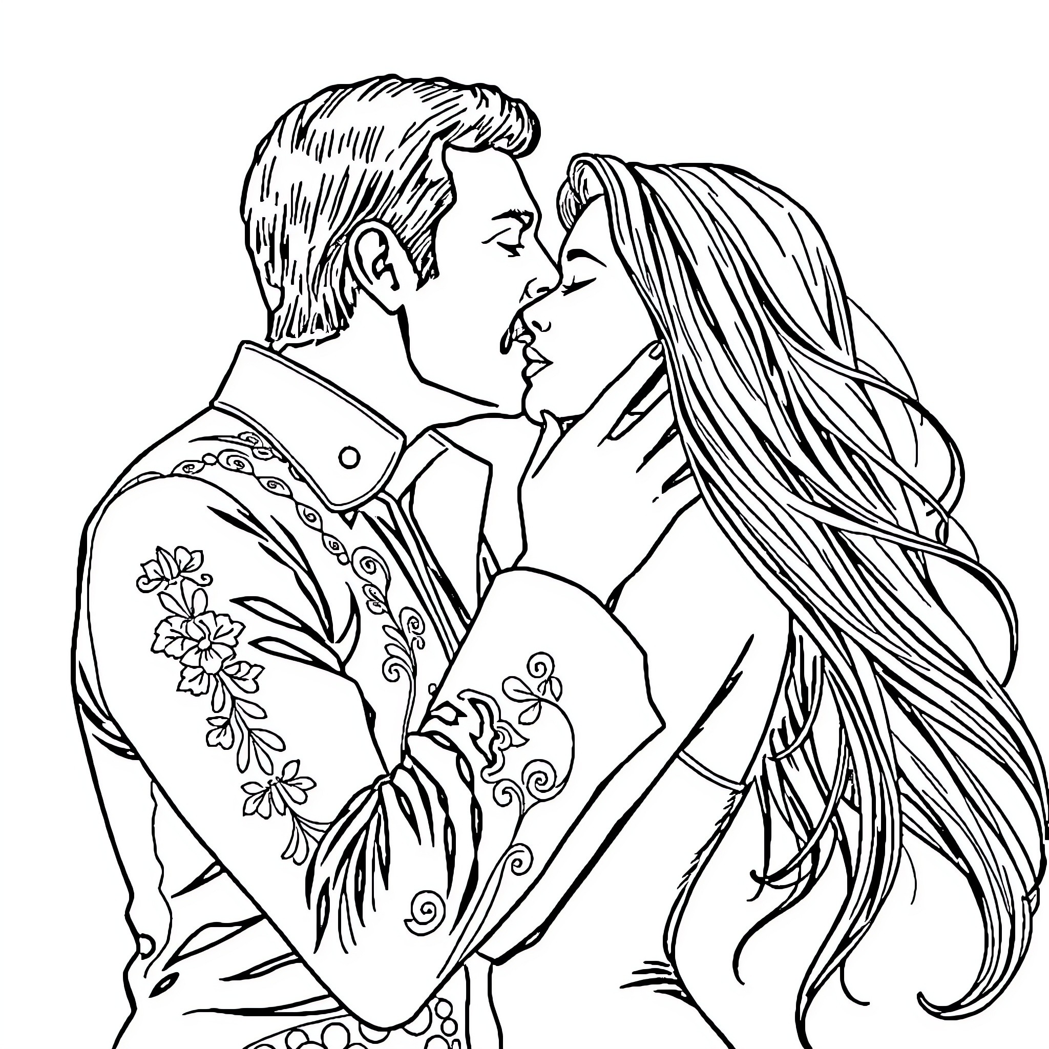 Freddie Mercury and his romantic partner in an intimate embrace Coloring Page (free black-and-white line drawing printable PDF for all, from beginners to advanced learners, including children, teens, adults, and seniors)