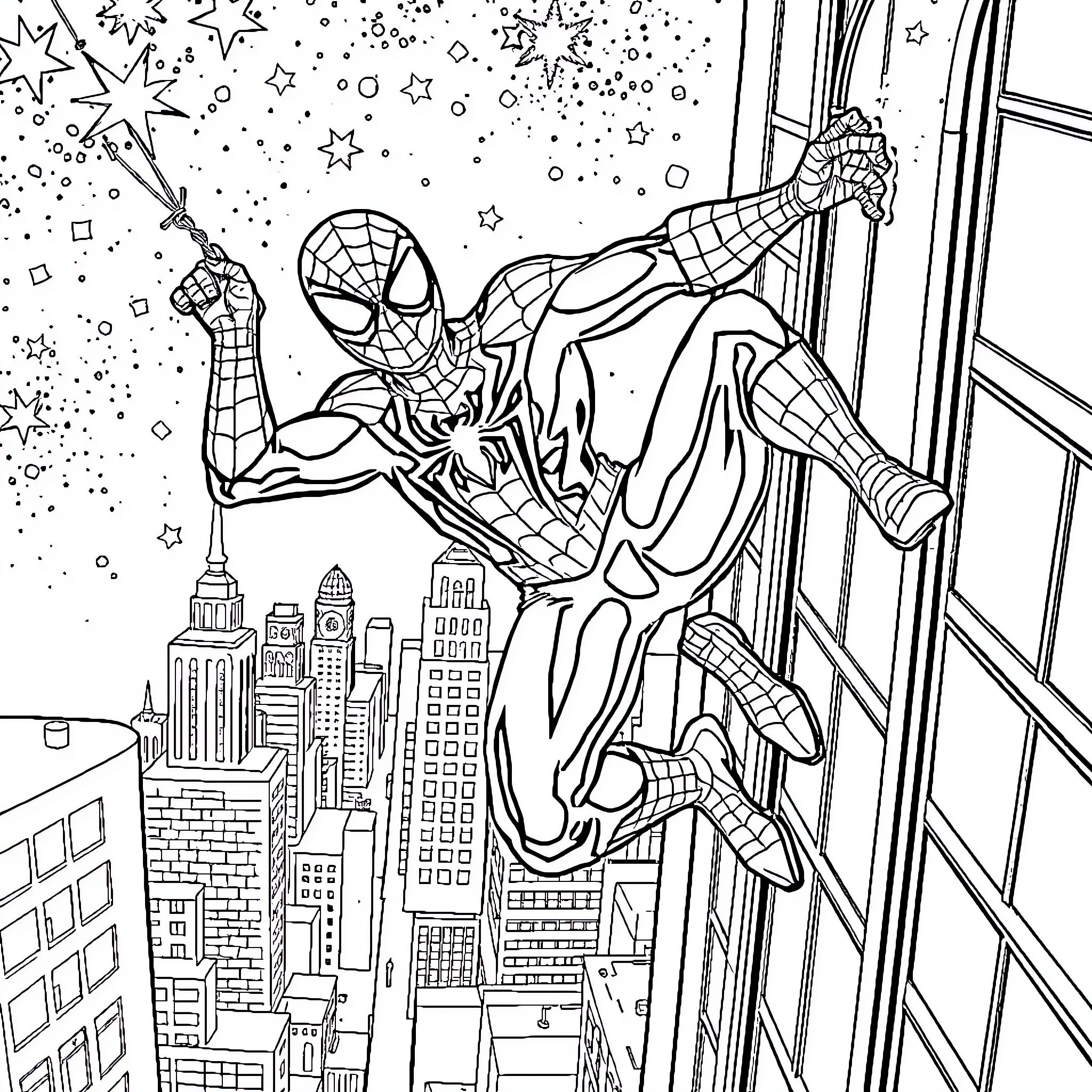 Spiderman swinging through the city at night Coloring Page (free black-and-white line drawing printable PDF for all, from beginners to advanced learners, including children, teens, adults, and seniors)