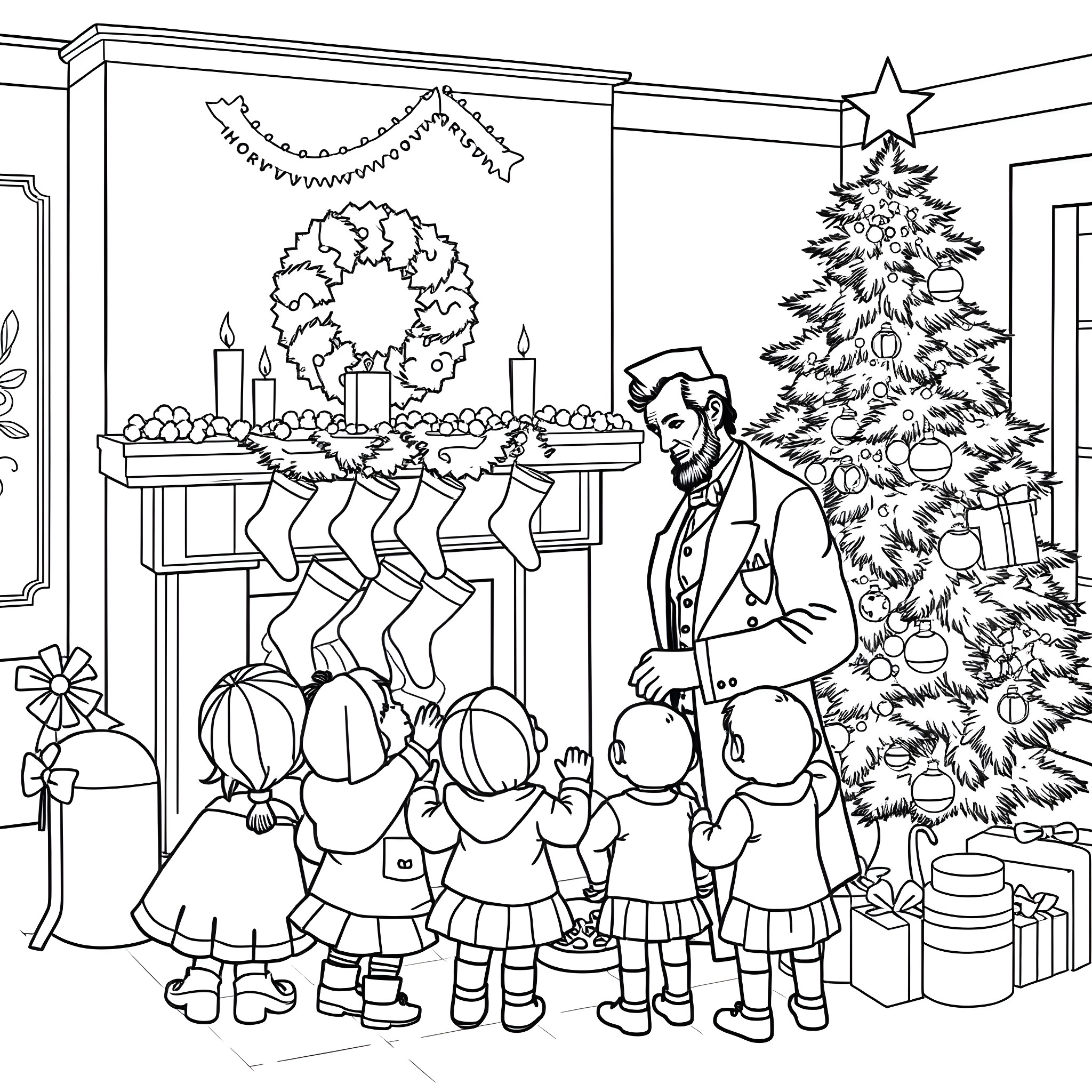 Abraham Lincoln hosting a Christmas celebration with children Coloring Page (free black-and-white line drawing printable PDF for all, from beginners to advanced learners, including children, teens, adults, and seniors)