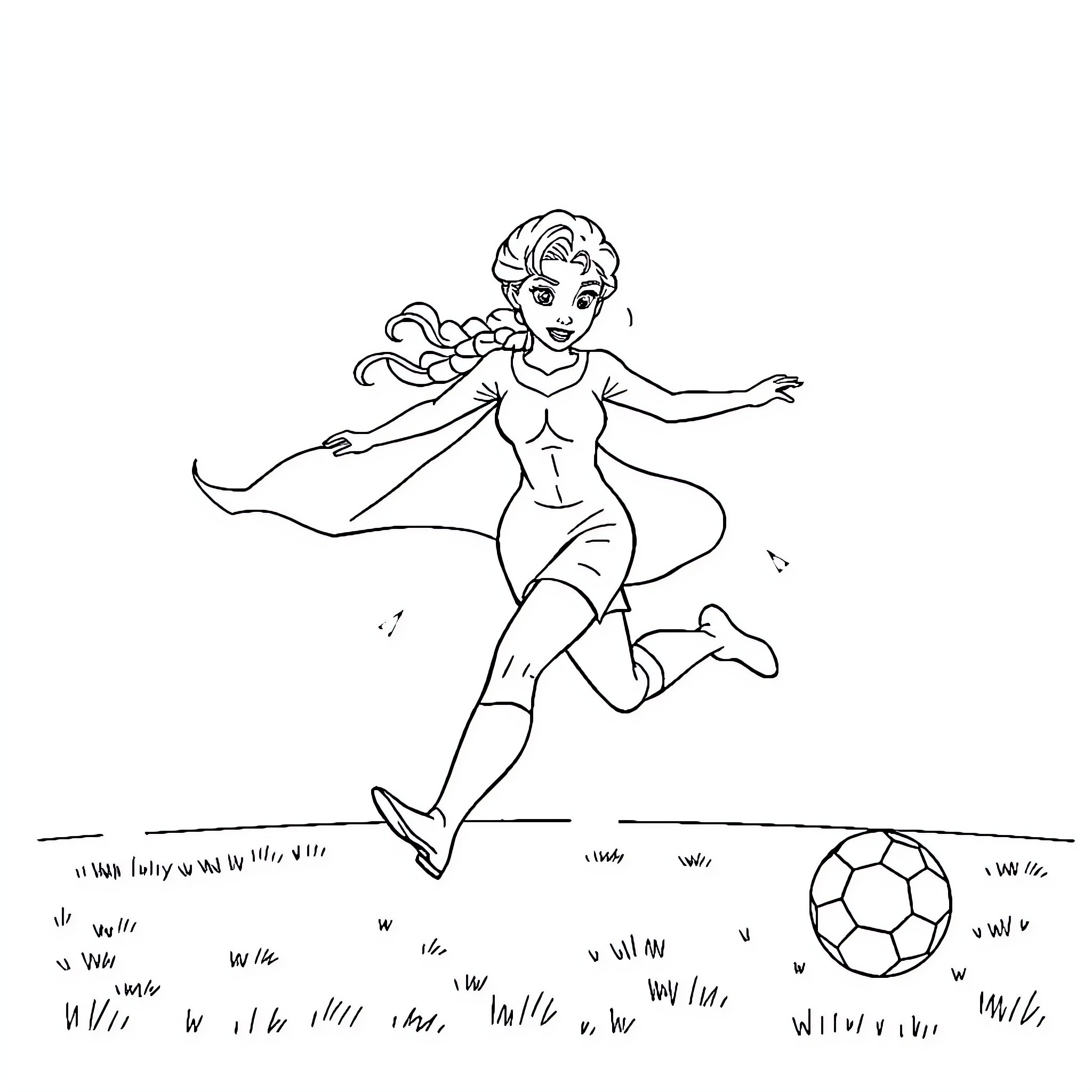 Elsa playing with a soccer ball in a field Coloring Page (free black-and-white line drawing printable PDF for all, from beginners to advanced learners, including children, teens, adults, and seniors)