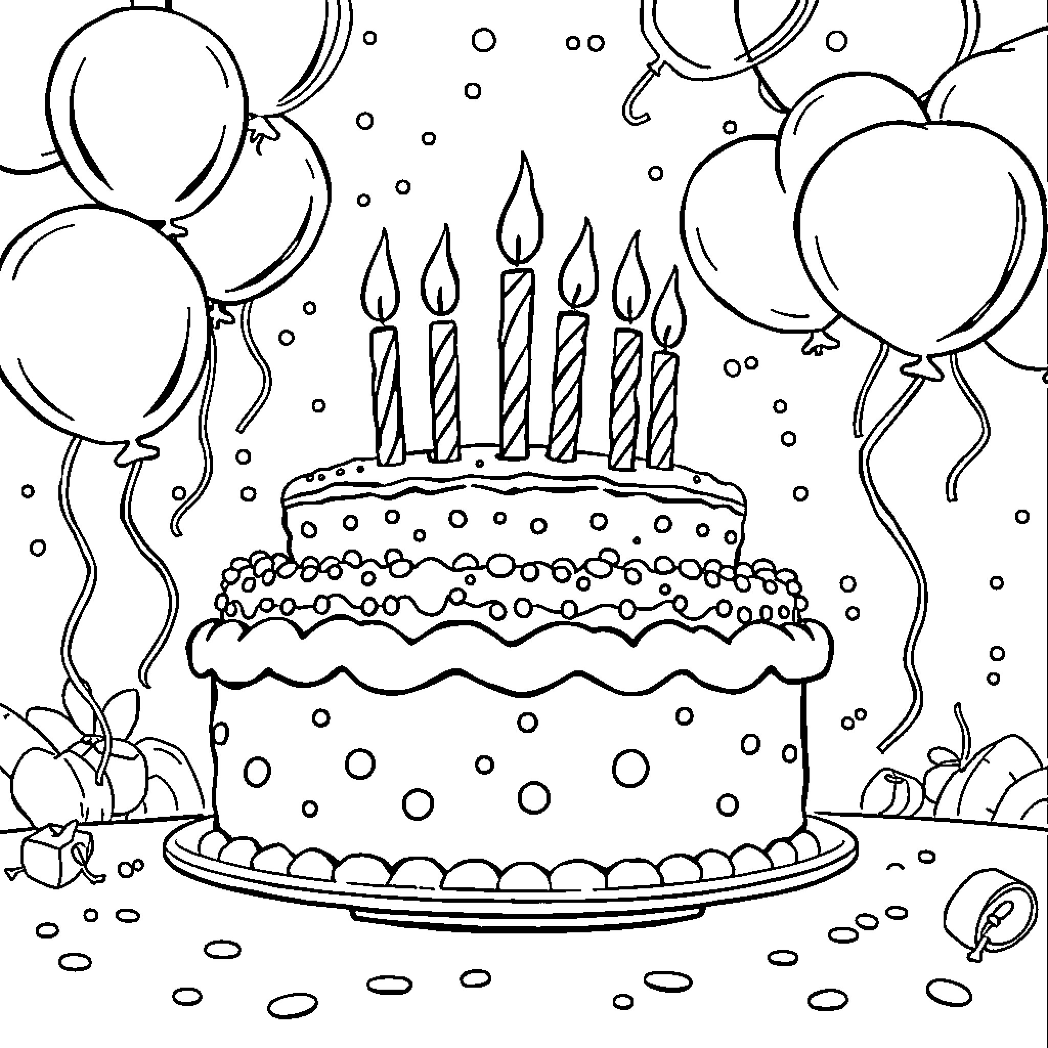 Birthday Cake with Candles and Balloons Coloring Page (free black-and-white line drawing printable PDF for all, from beginners to advanced learners, including children, teens, adults, and seniors)