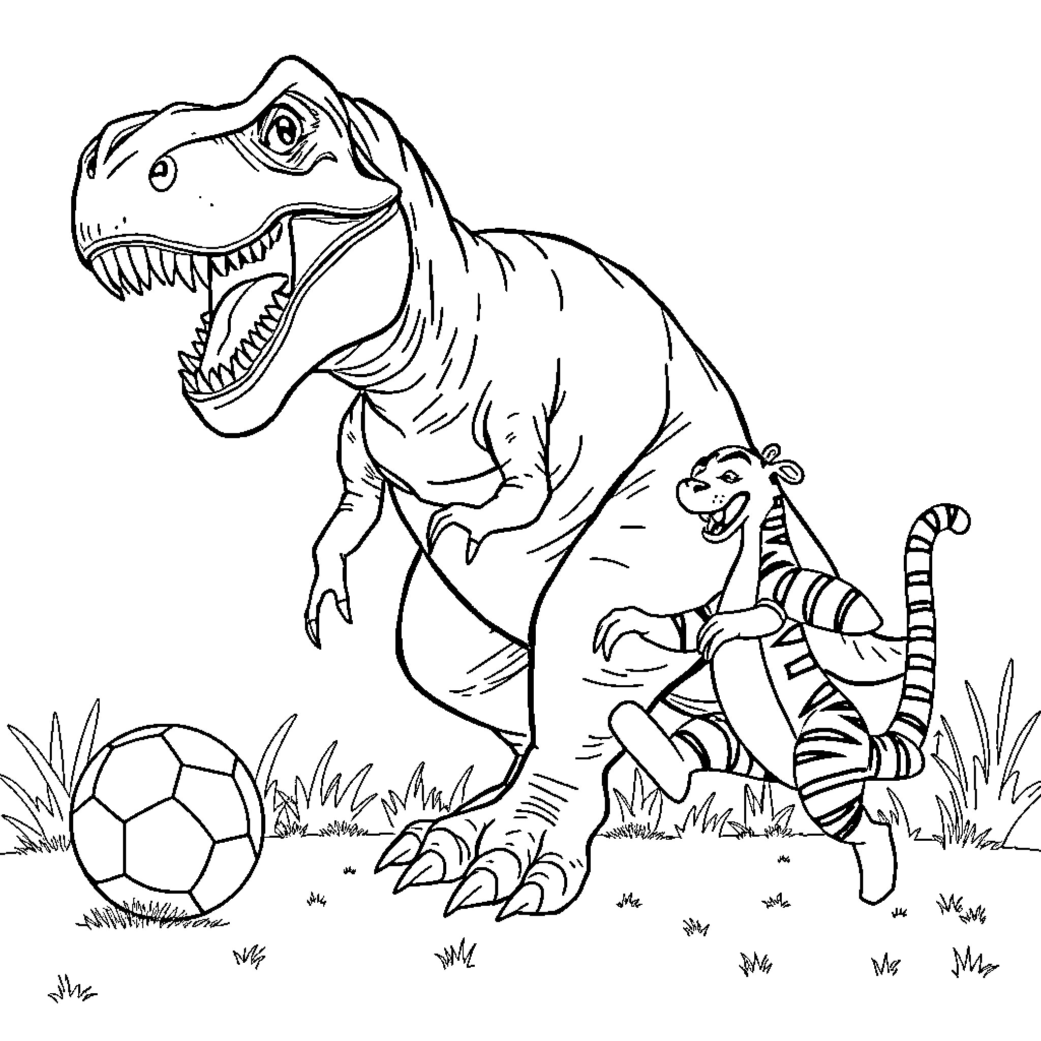 Tyrannosaurus Rex playing with a ball and a smaller creature Coloring Page (free black-and-white line drawing printable PDF for all, from beginners to advanced learners, including children, teens, adults, and seniors)