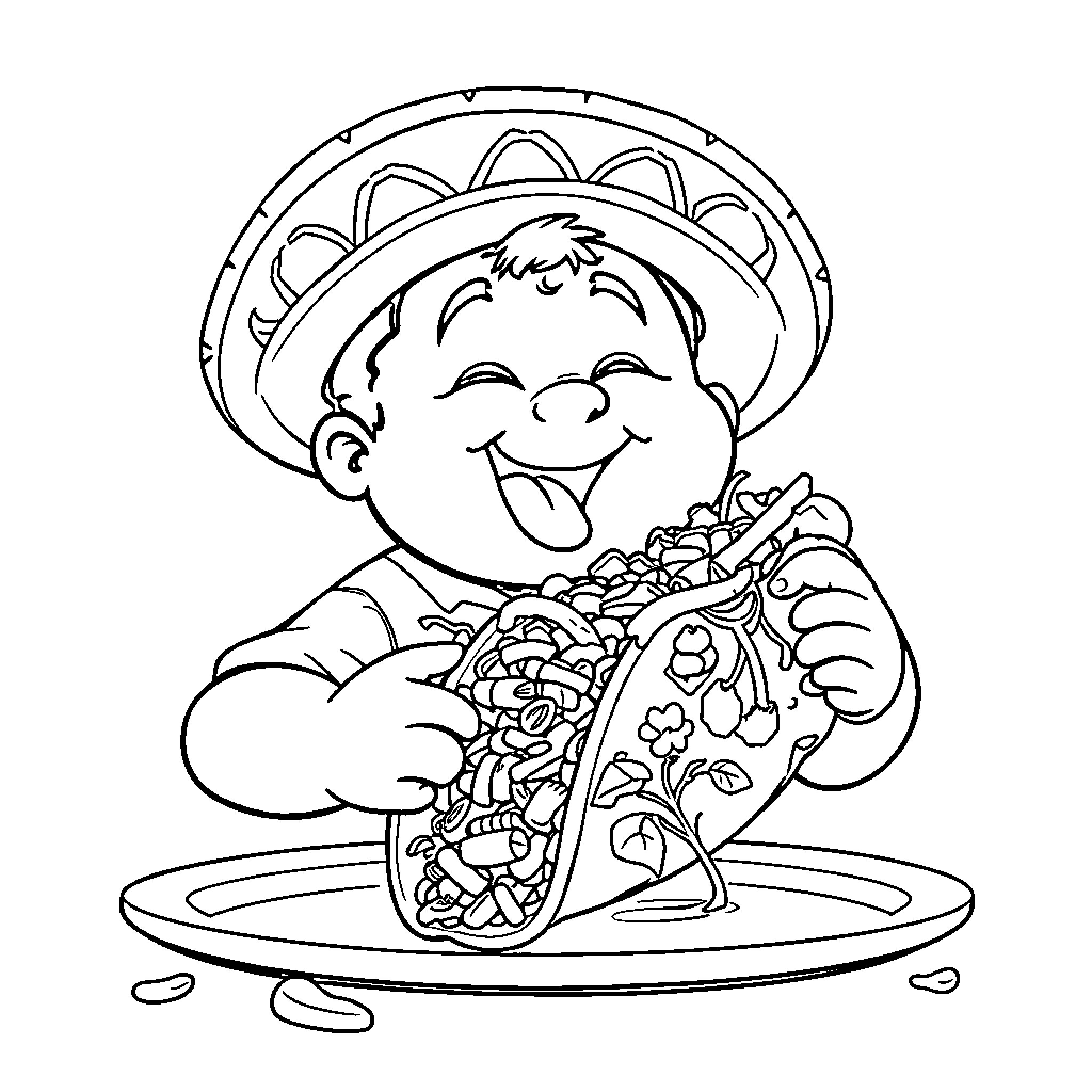 Boy enjoying a delicious Mexican dish Coloring Page (free black-and-white line drawing printable PDF for all, from beginners to advanced learners, including children, teens, adults, and seniors)