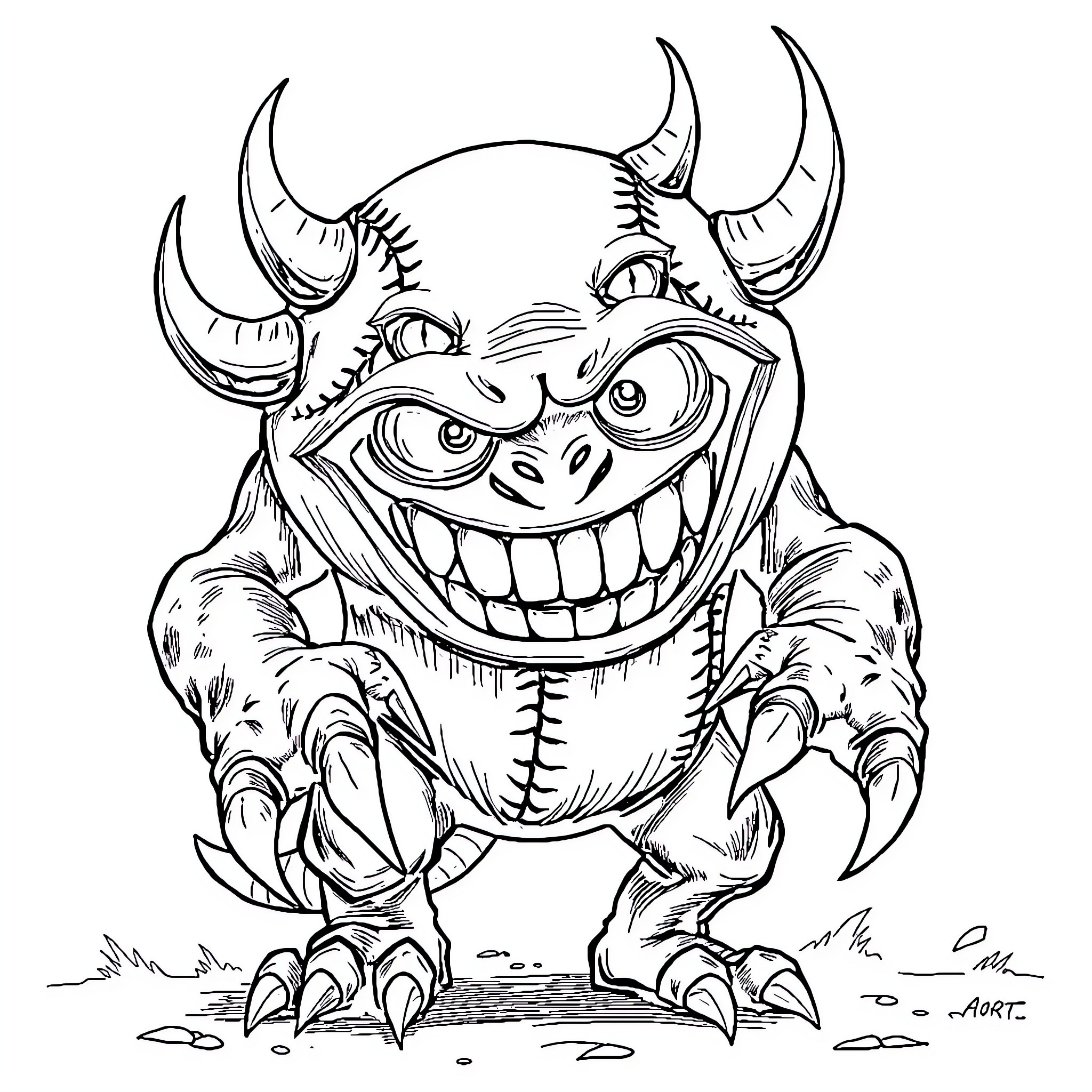 Baseball Monster playing mischievously on field Coloring Page (free black-and-white line drawing printable PDF for all, from beginners to advanced learners, including children, teens, adults, and seniors)