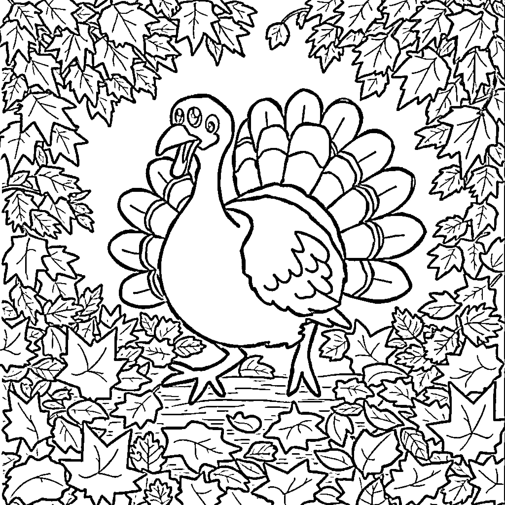 Turkey surrounded by fall leaves and foliage Coloring Page (free black-and-white line drawing printable PDF for all, from beginners to advanced learners, including children, teens, adults, and seniors)