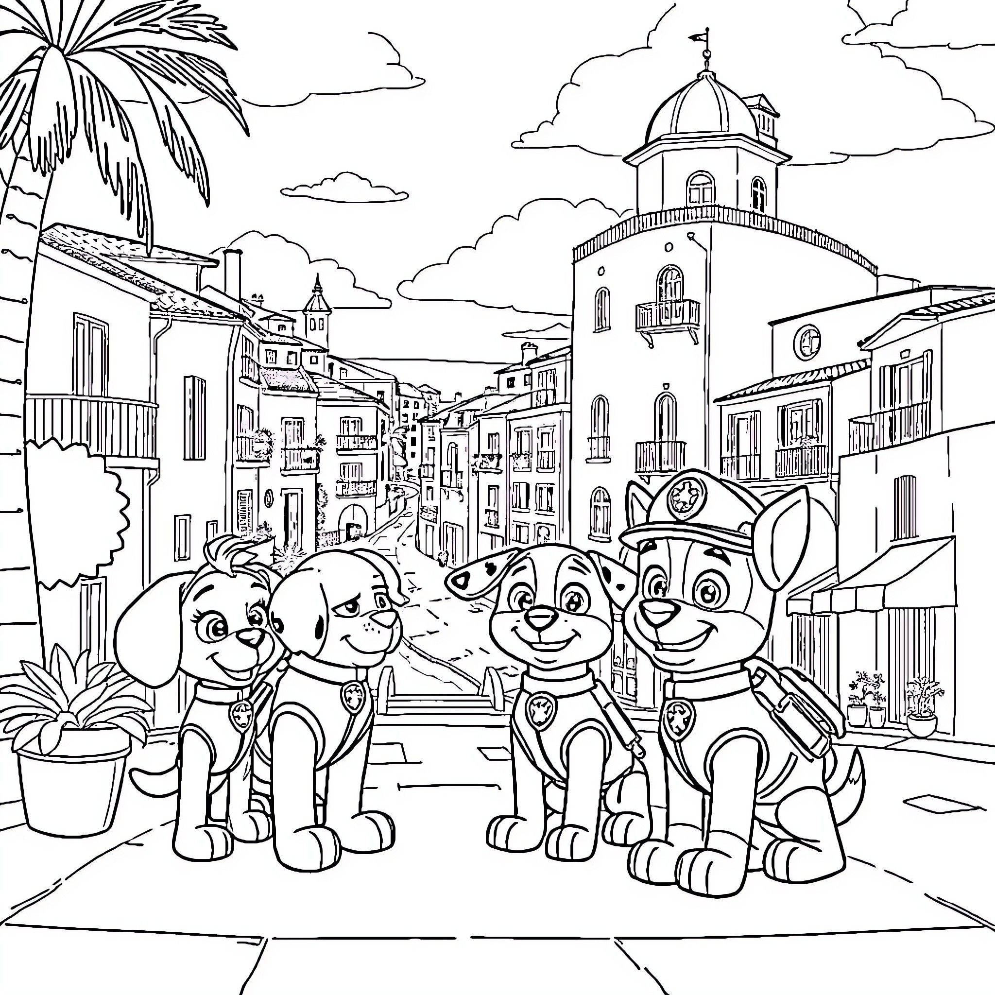 Pat Patrouille team exploring the charming town Coloring Page (free black-and-white line drawing printable PDF for all, from beginners to advanced learners, including children, teens, adults, and seniors)