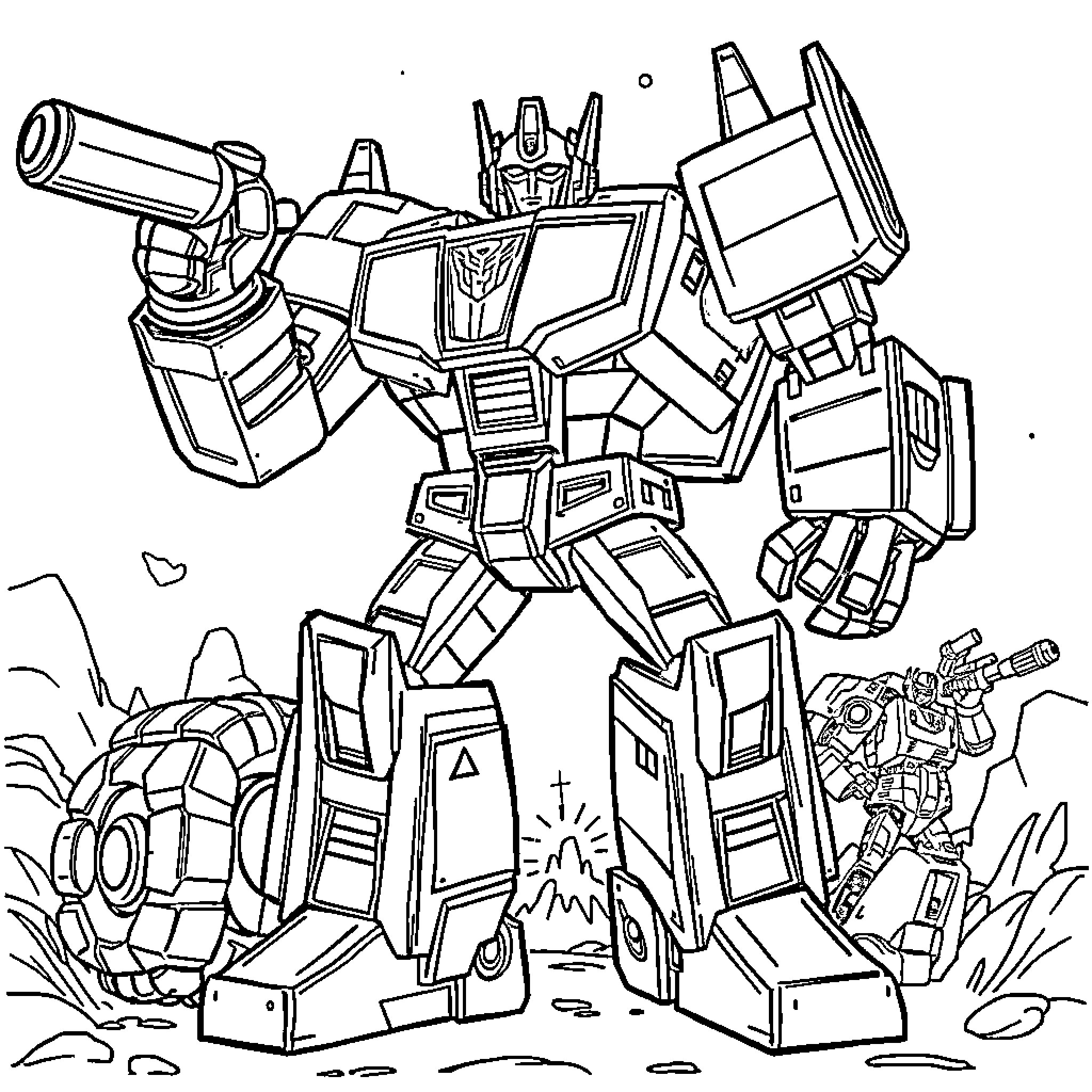 Transformers battling in action-packed scene Coloring Page (free black-and-white line drawing printable PDF for all, from beginners to advanced learners, including children, teens, adults, and seniors)