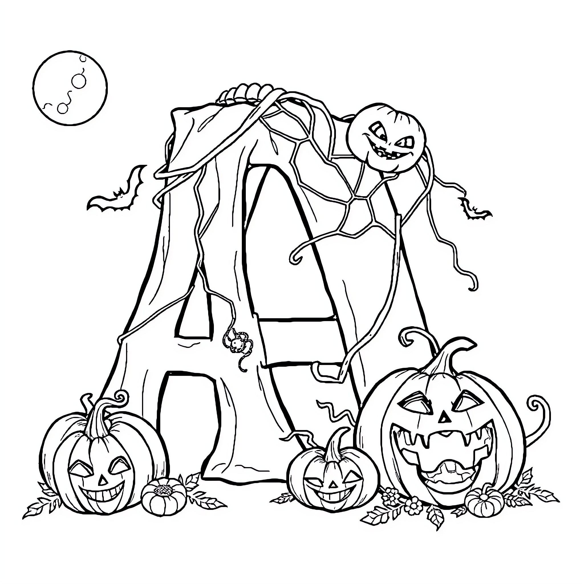 Letter A Halloween Decorations and Pumpkins Coloring Page (free black-and-white line drawing printable PDF for all, from beginners to advanced learners, including children, teens, adults, and seniors)